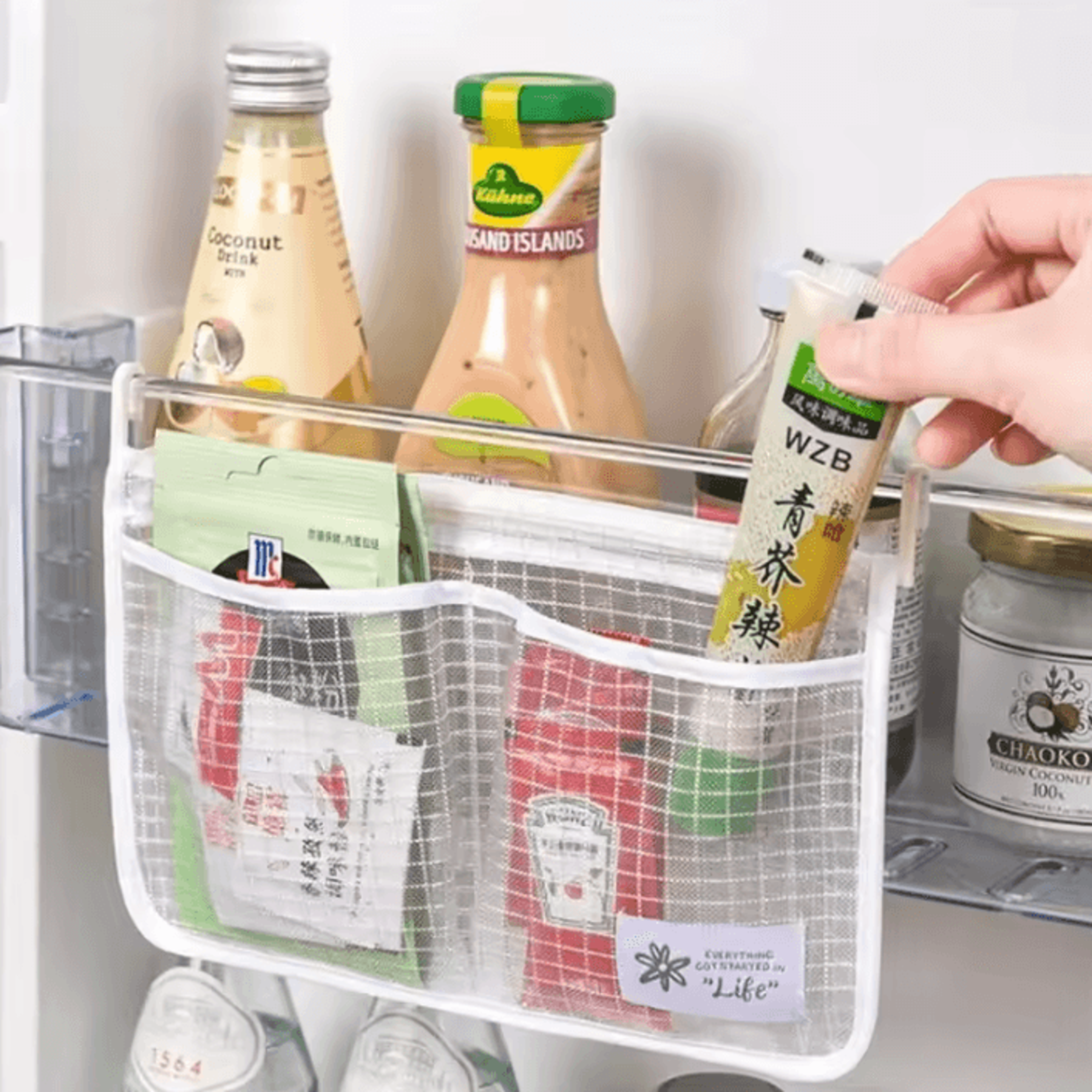 double-compartment refrigerator hanging mesh storage bag with hooks