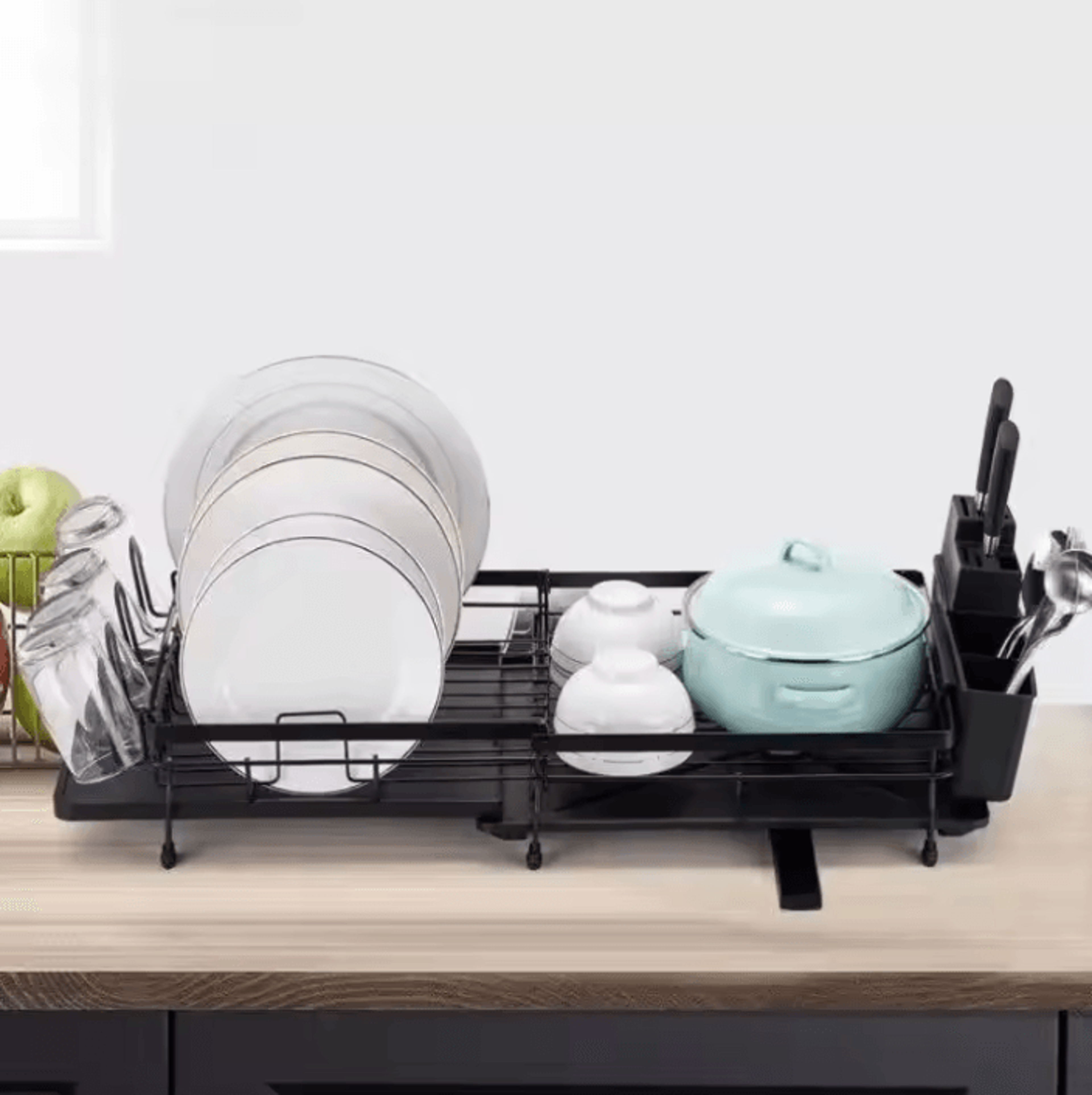 expandable dish drying rack with drainboard, swivel spout & utensil holder