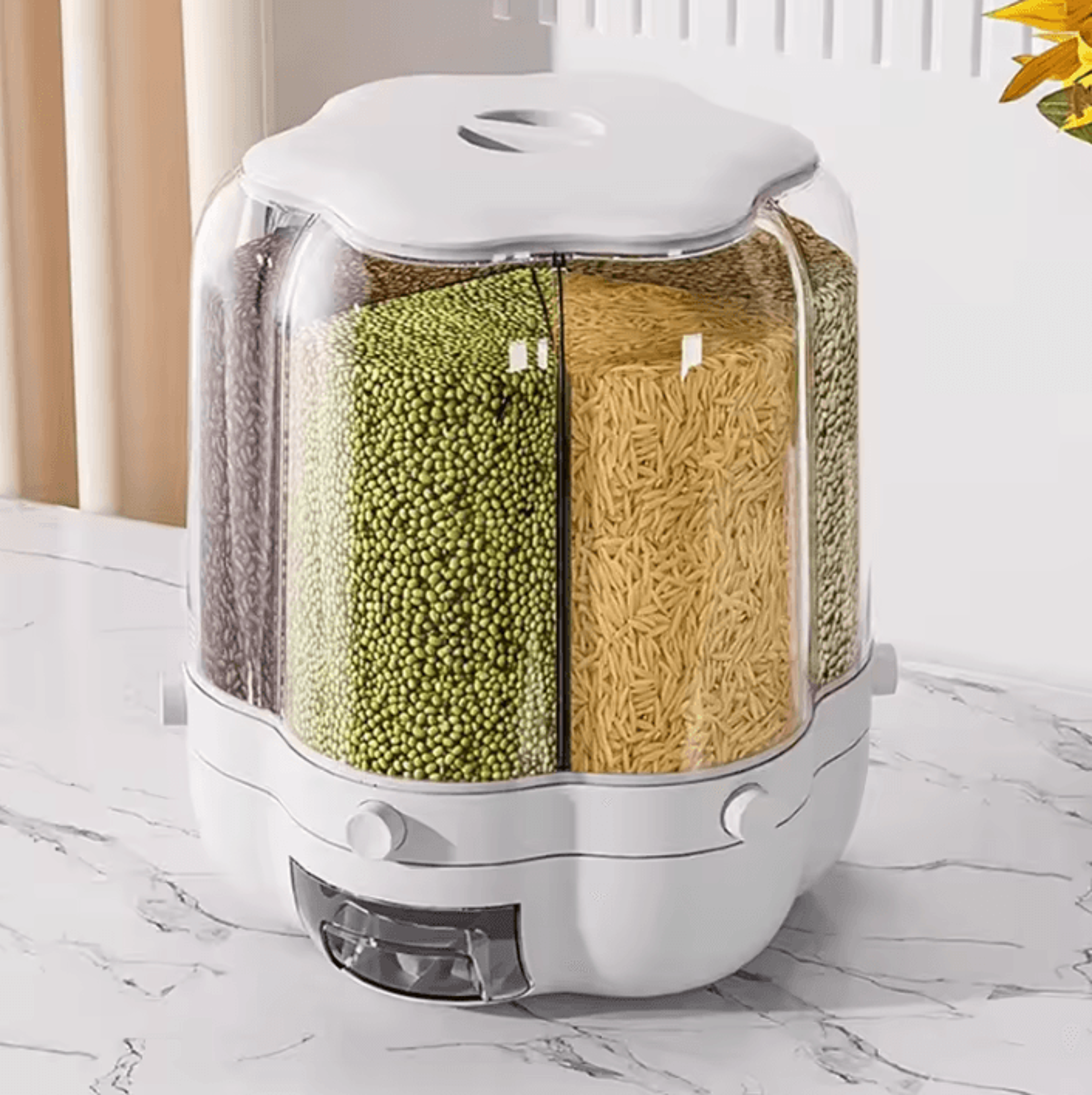 rotating grain storage container with rice dispenser & airtight lid