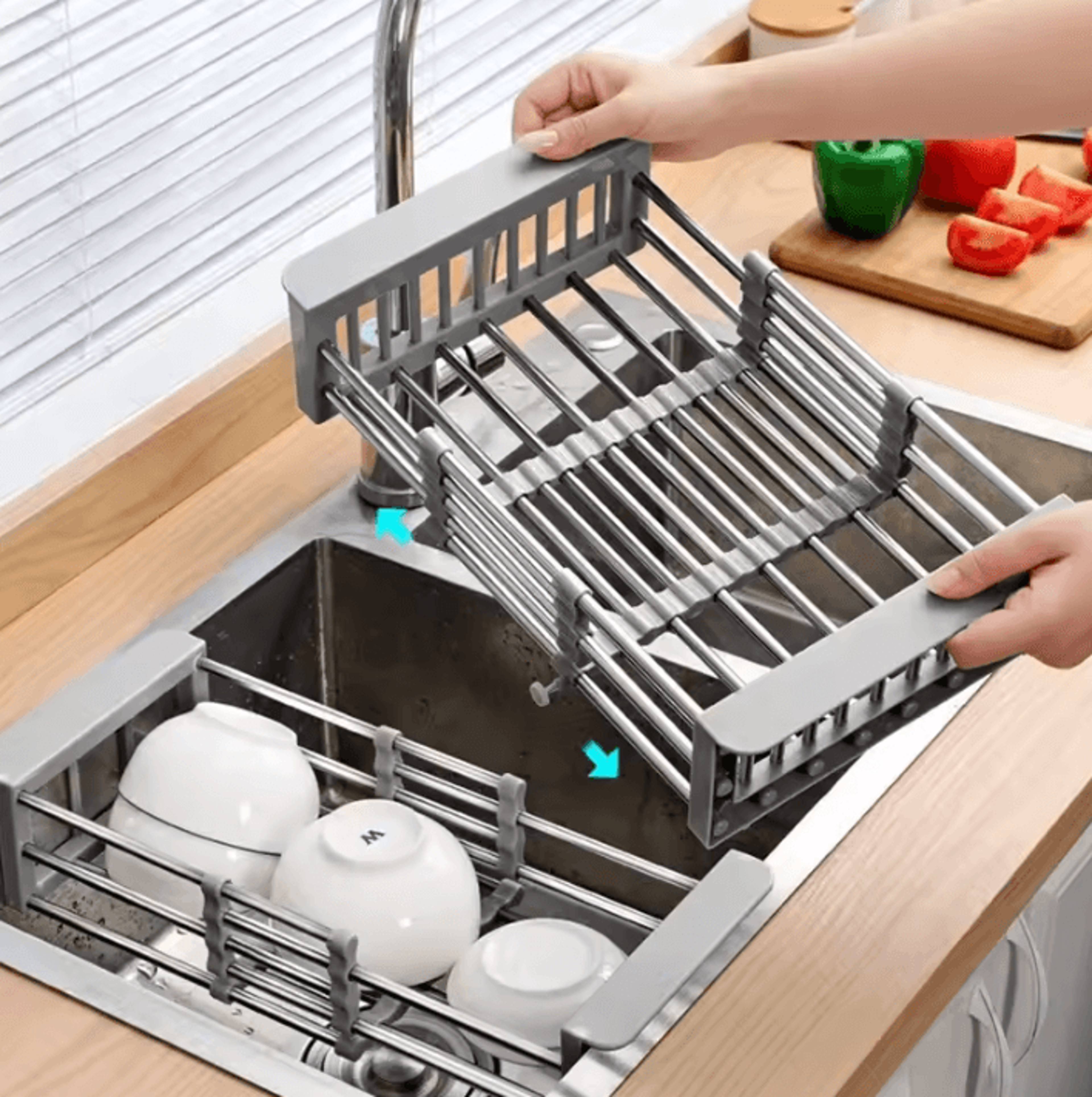expandable stainless steel sink drain basket & dish drying rack