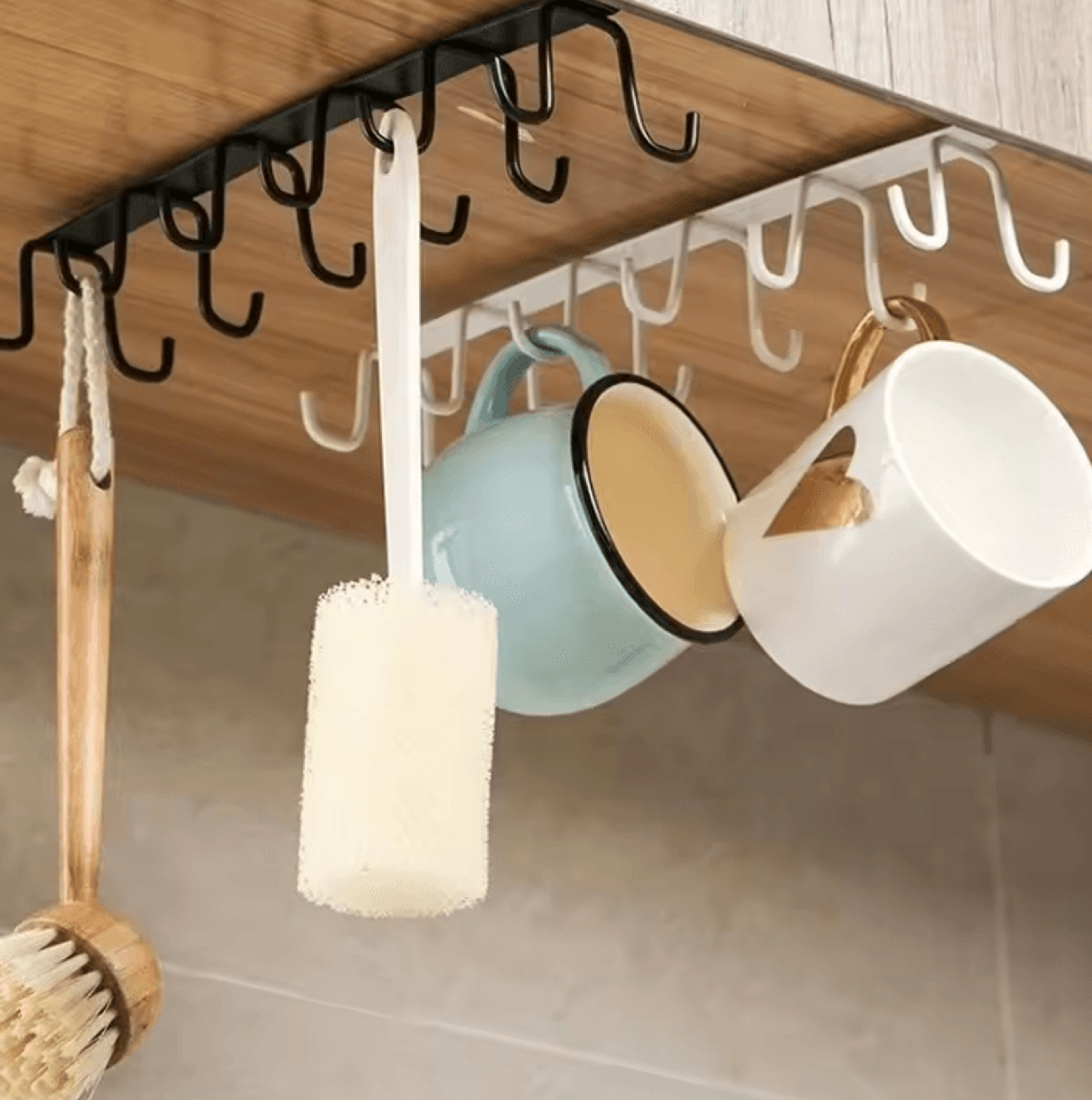 punch-free double row mug holder & multi-purpose hook rack