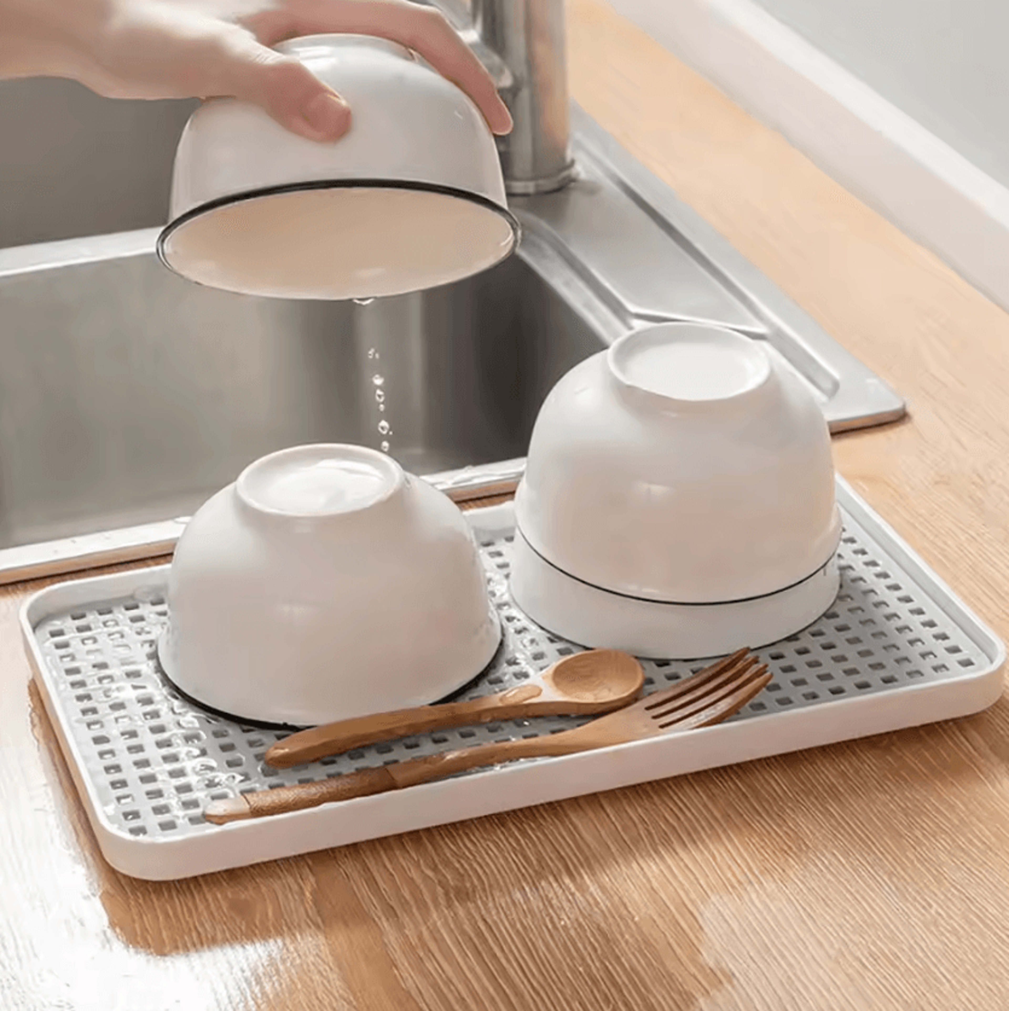 double-layer dish & cutlery draining tray organizer