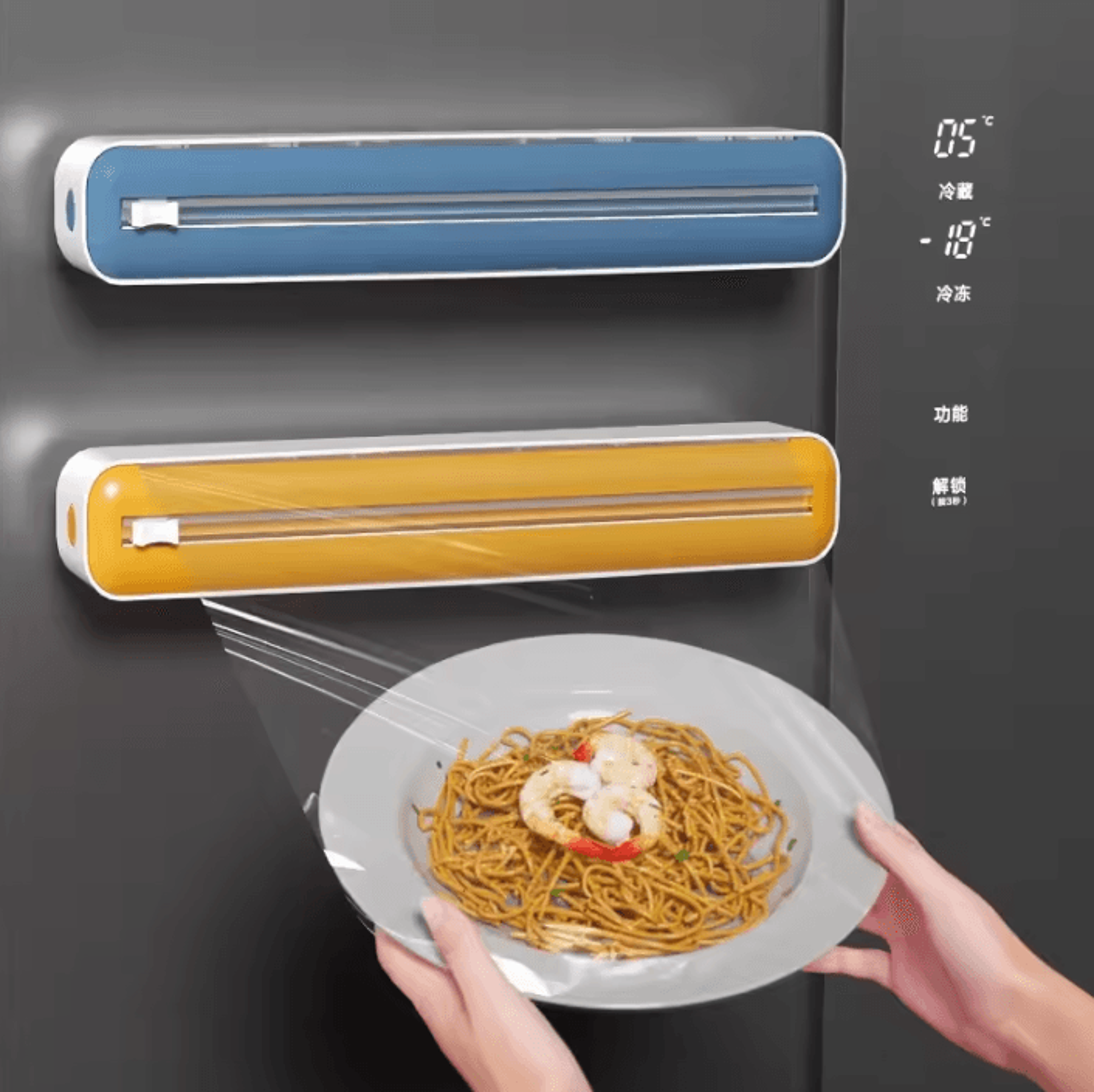 2-in-1 plastic wrap & foil dispenser with built-in cutter