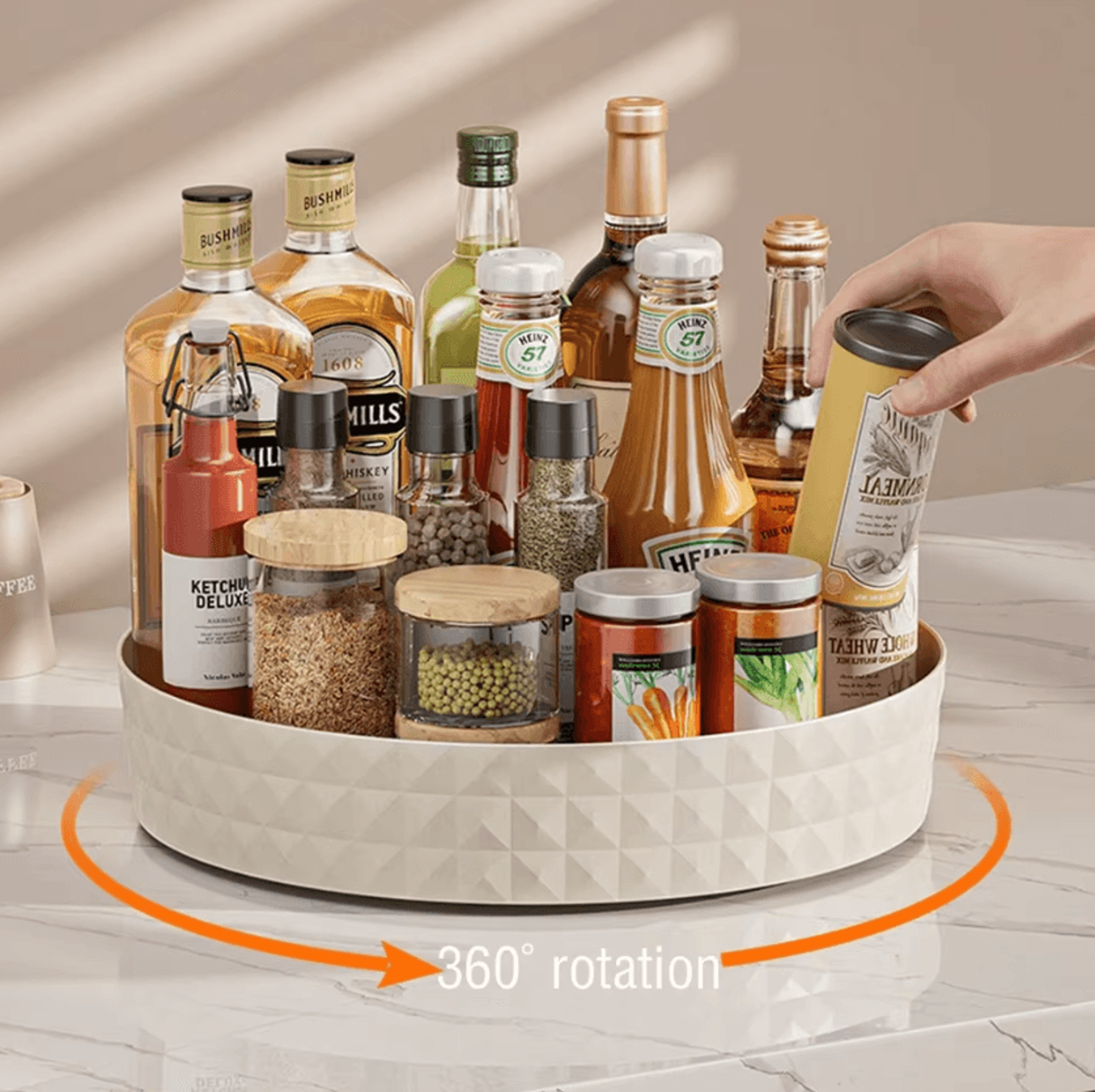 360 rotating spice rack organizer tray for kitchen & cabinet storage