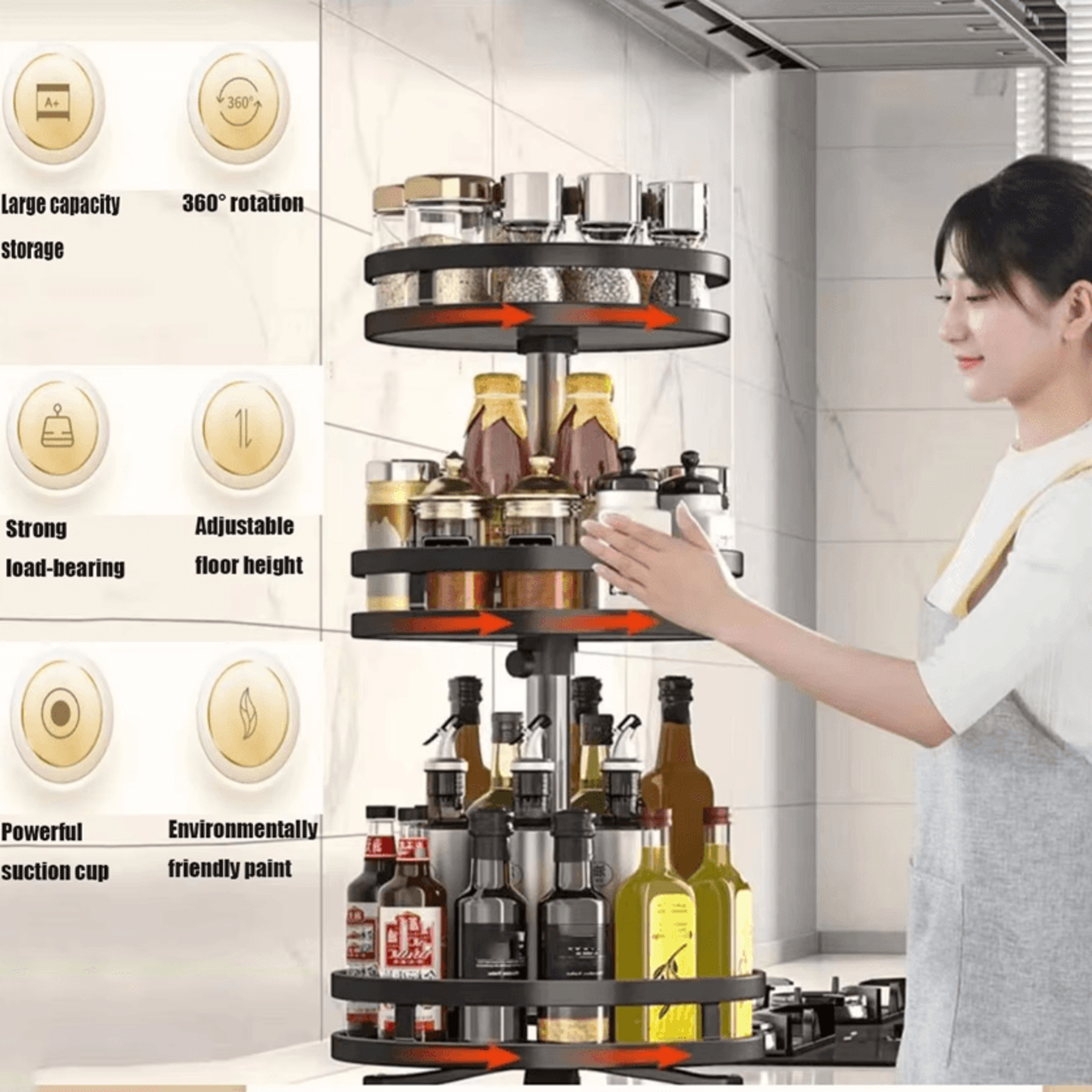 360° rotating carbon steel spice rack organizer for kitchen counter & cabinet storage