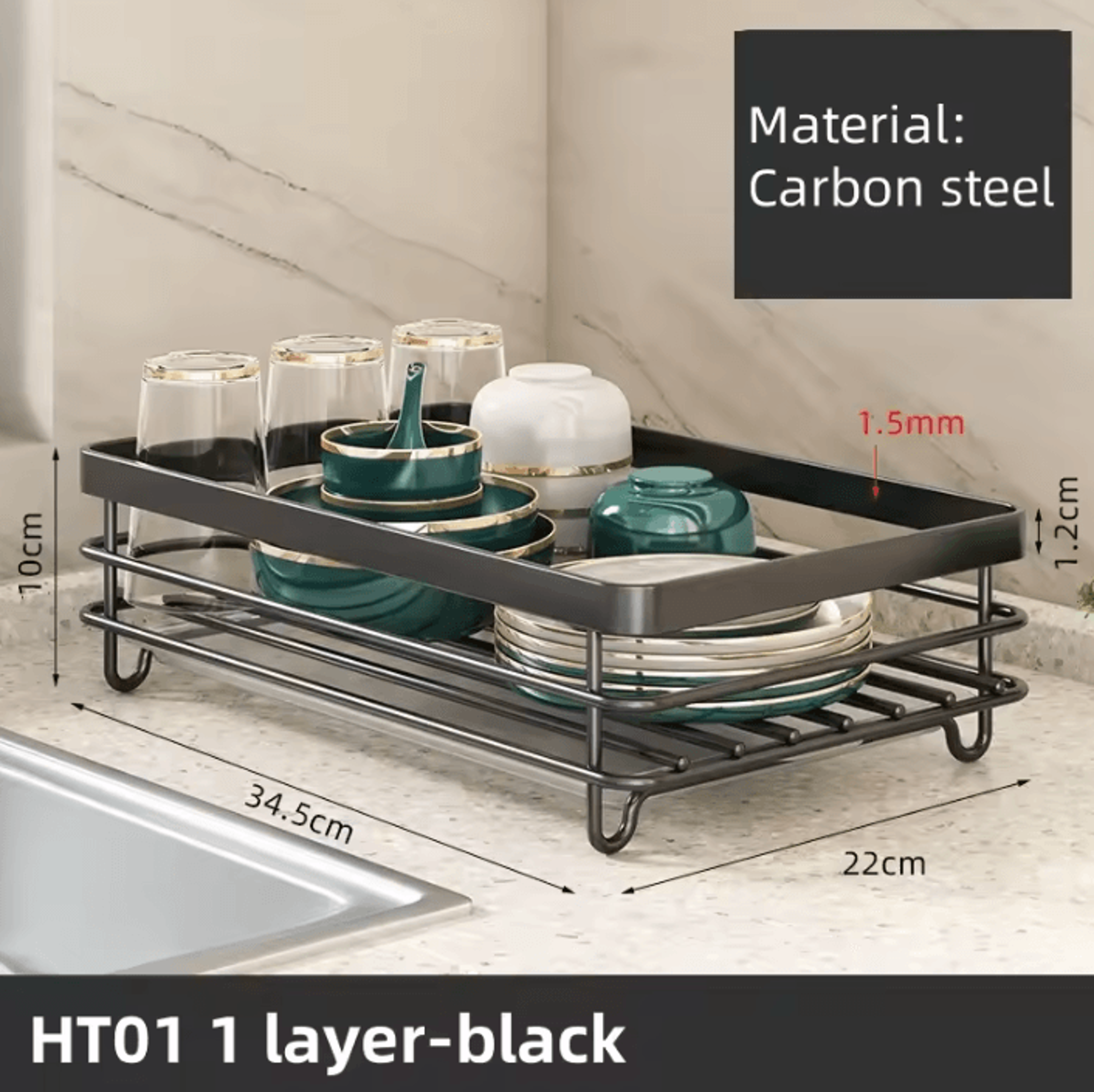 carbon steel dish drying rack with drain board for kitchen countertop organization