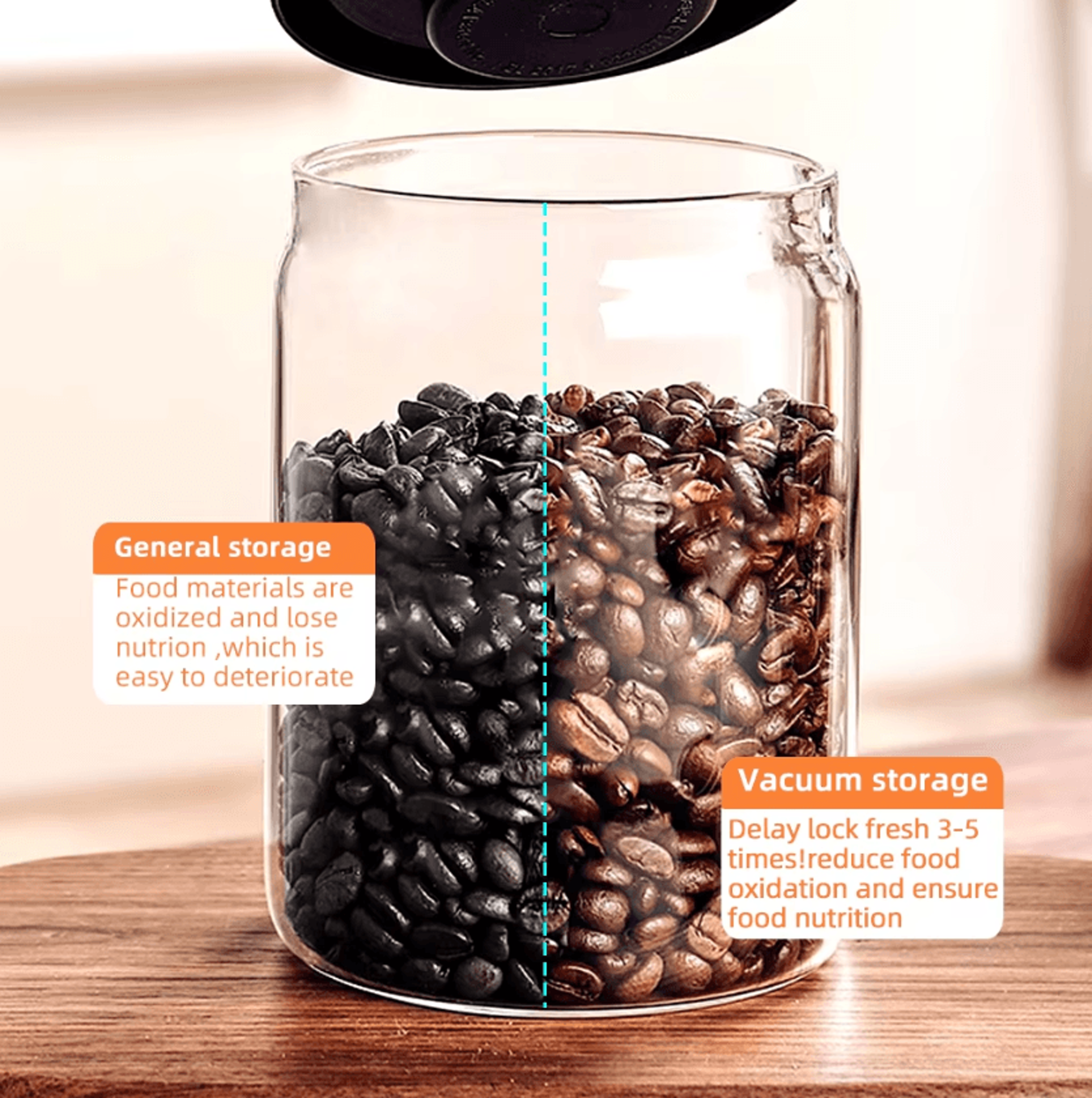 vacuum-sealed glass coffee bean storage jar for fresh coffee, tea & dry food storage