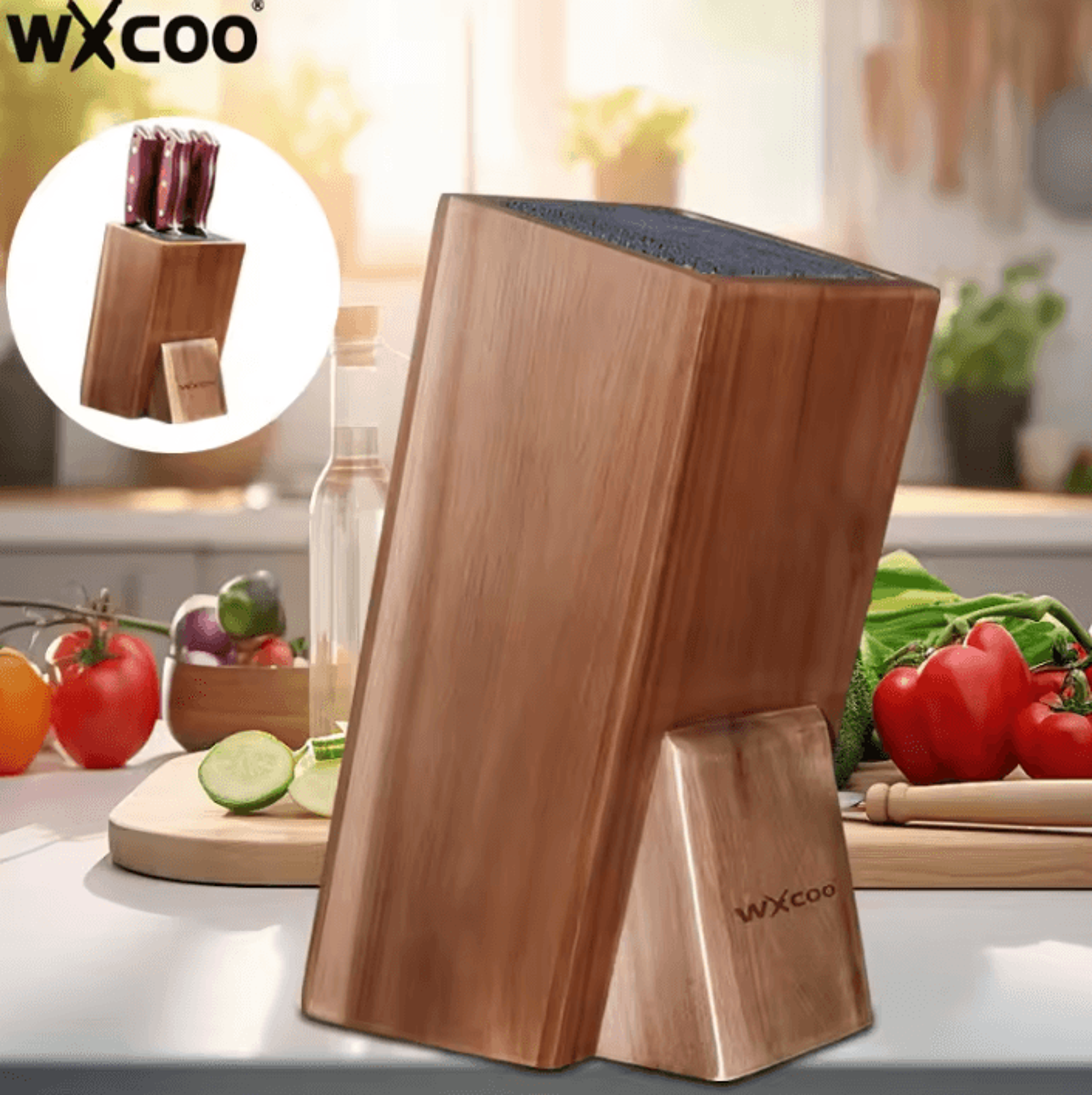acacia wood universal knife holder with bristle insert for safe & stylish kitchen storage