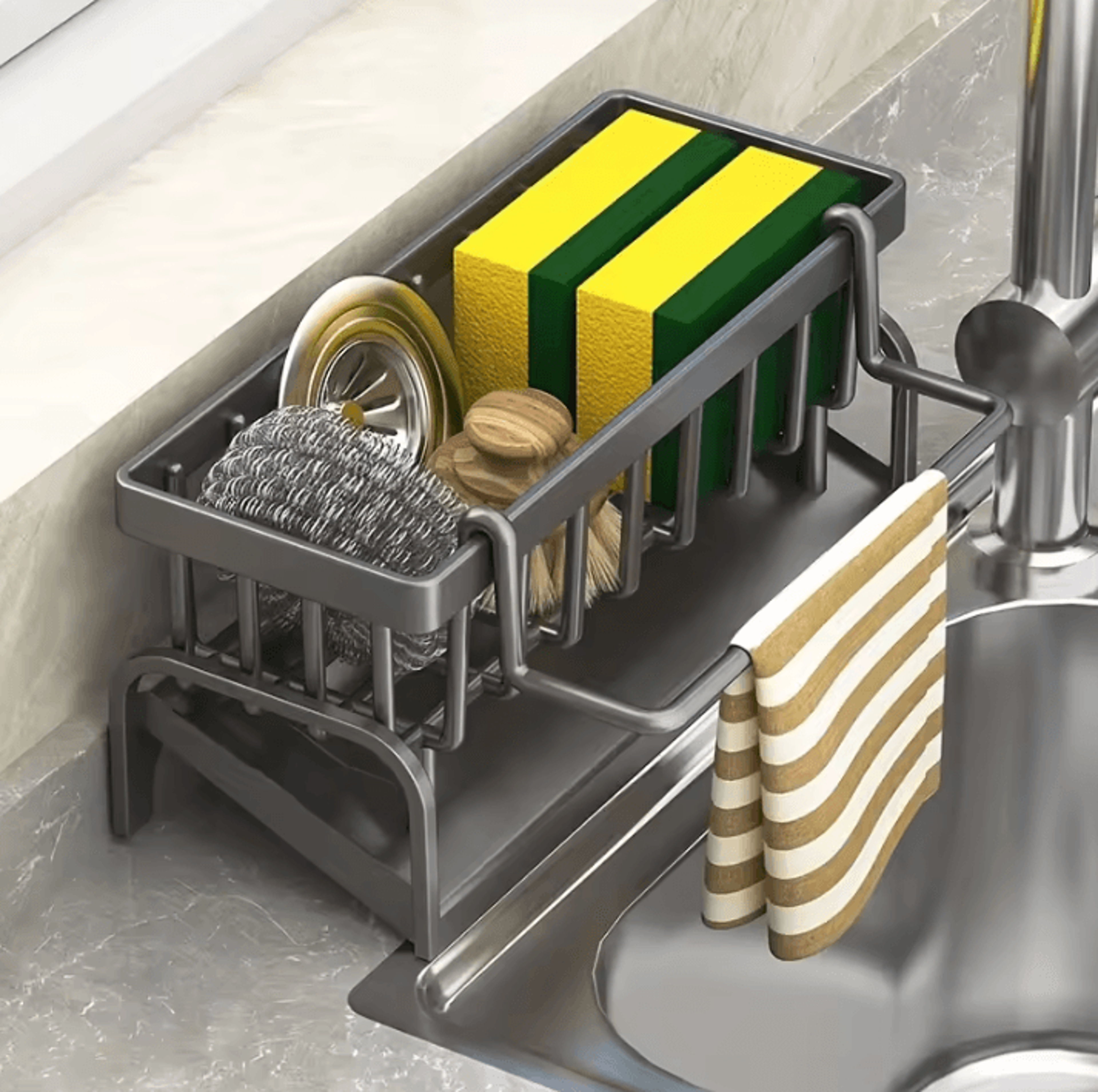 sink caddy organizer with sponge holder, brush rack & detergent storage tray