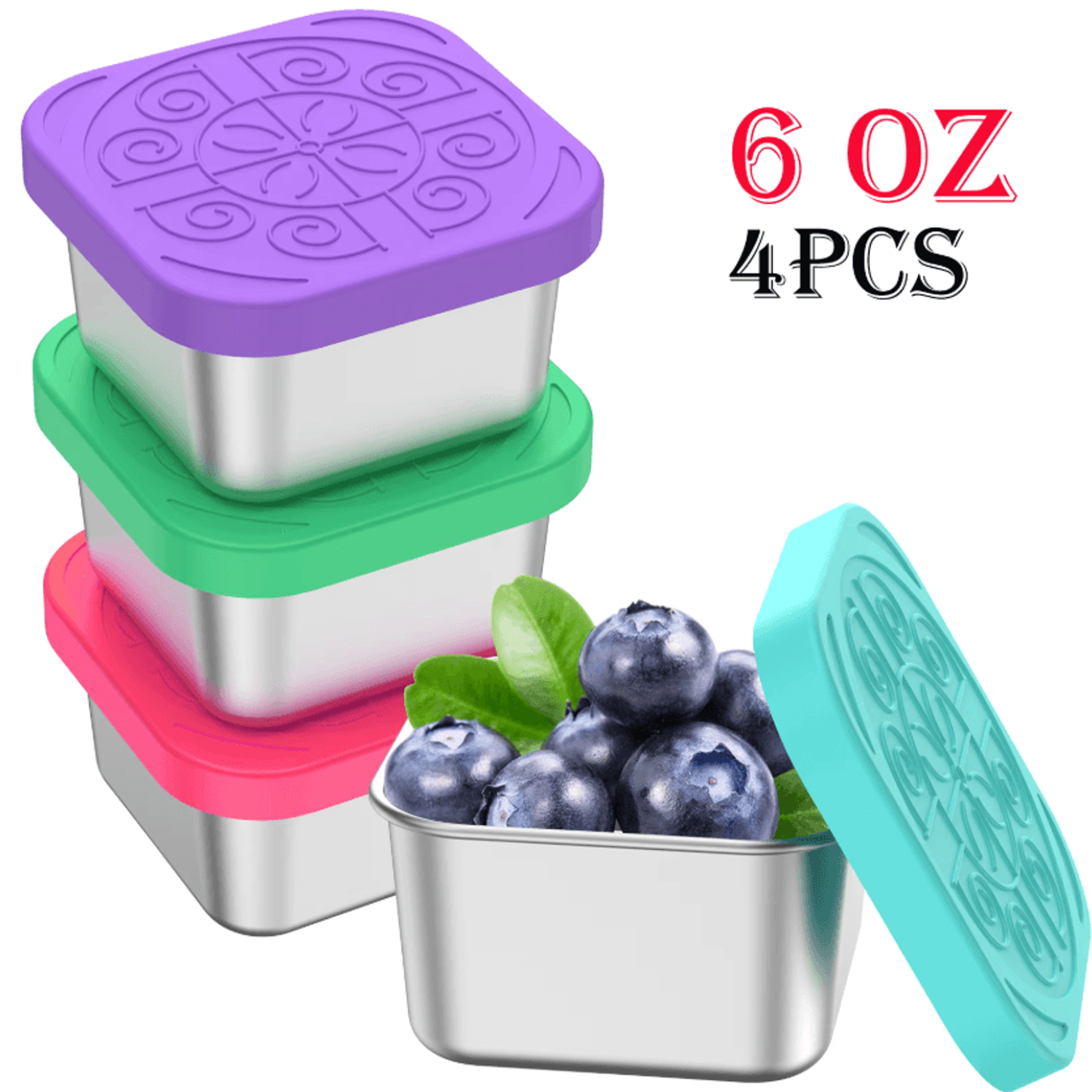 4-piece stainless steel snack & salad container set with leakproof silicone lids