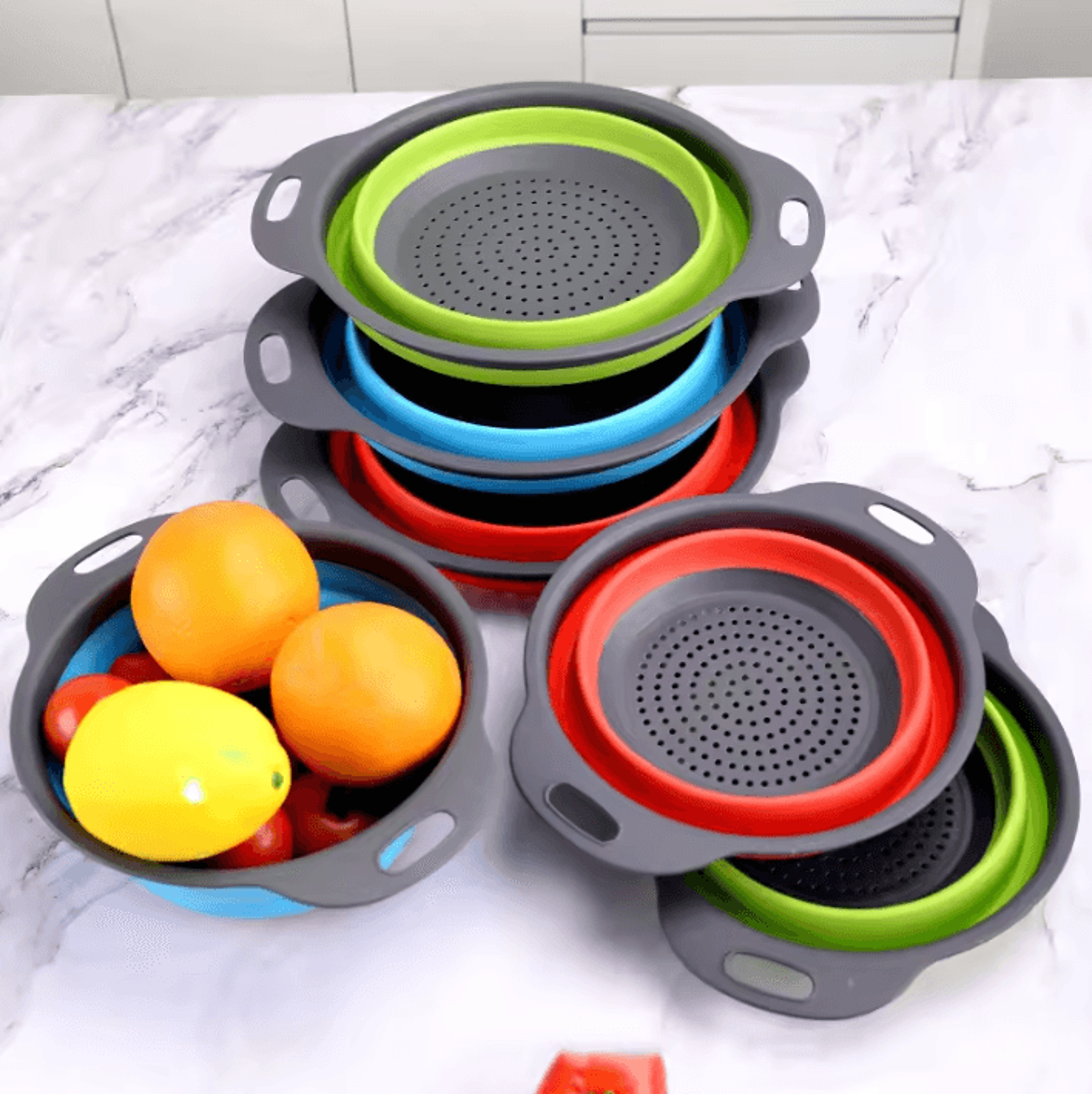 folding silicone colander basket for washing, draining & space-saving kitchen storage