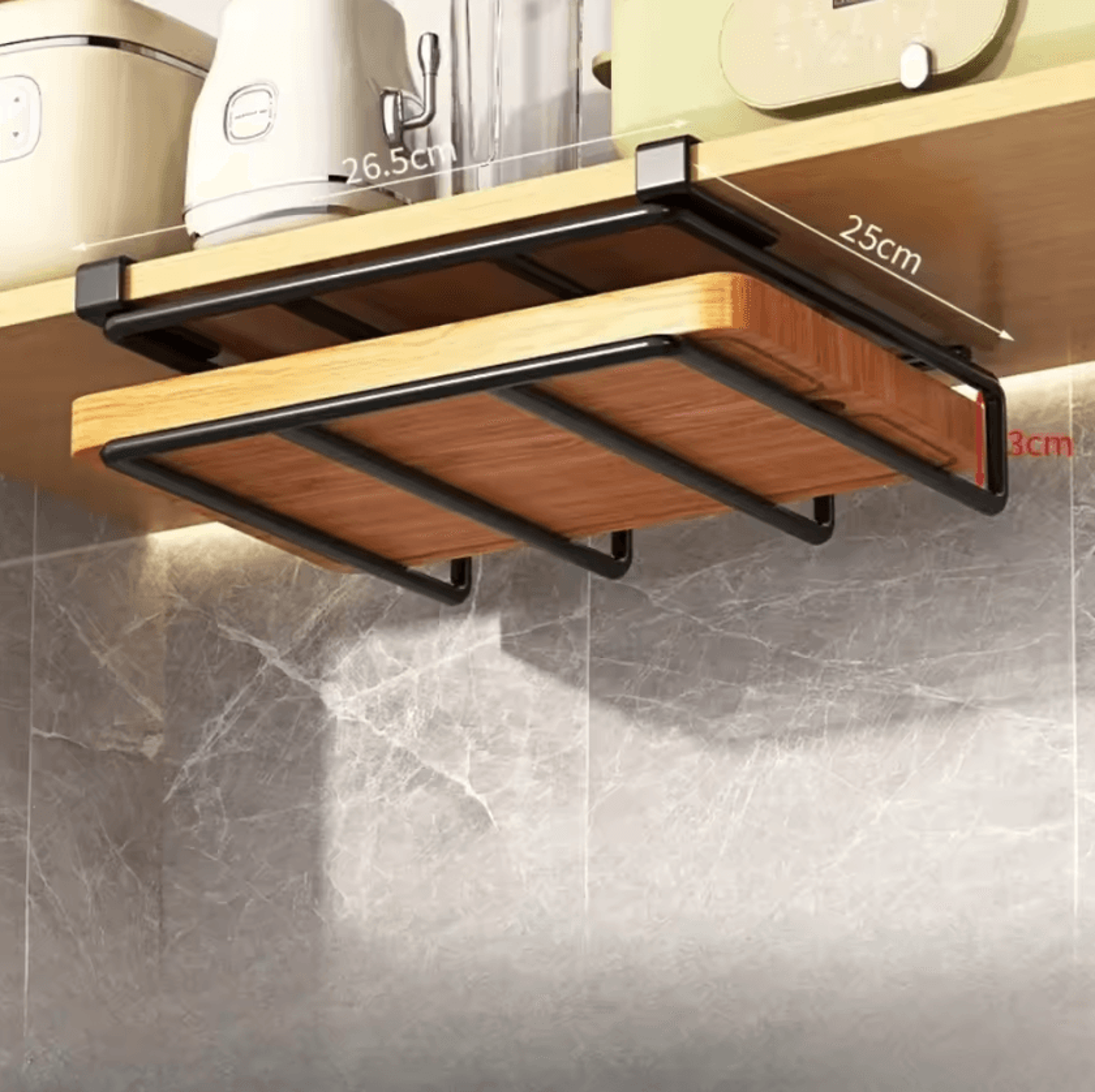under-cabinet kitchen organizer rack with hooks for paper towels, cutting boards & pot lids
