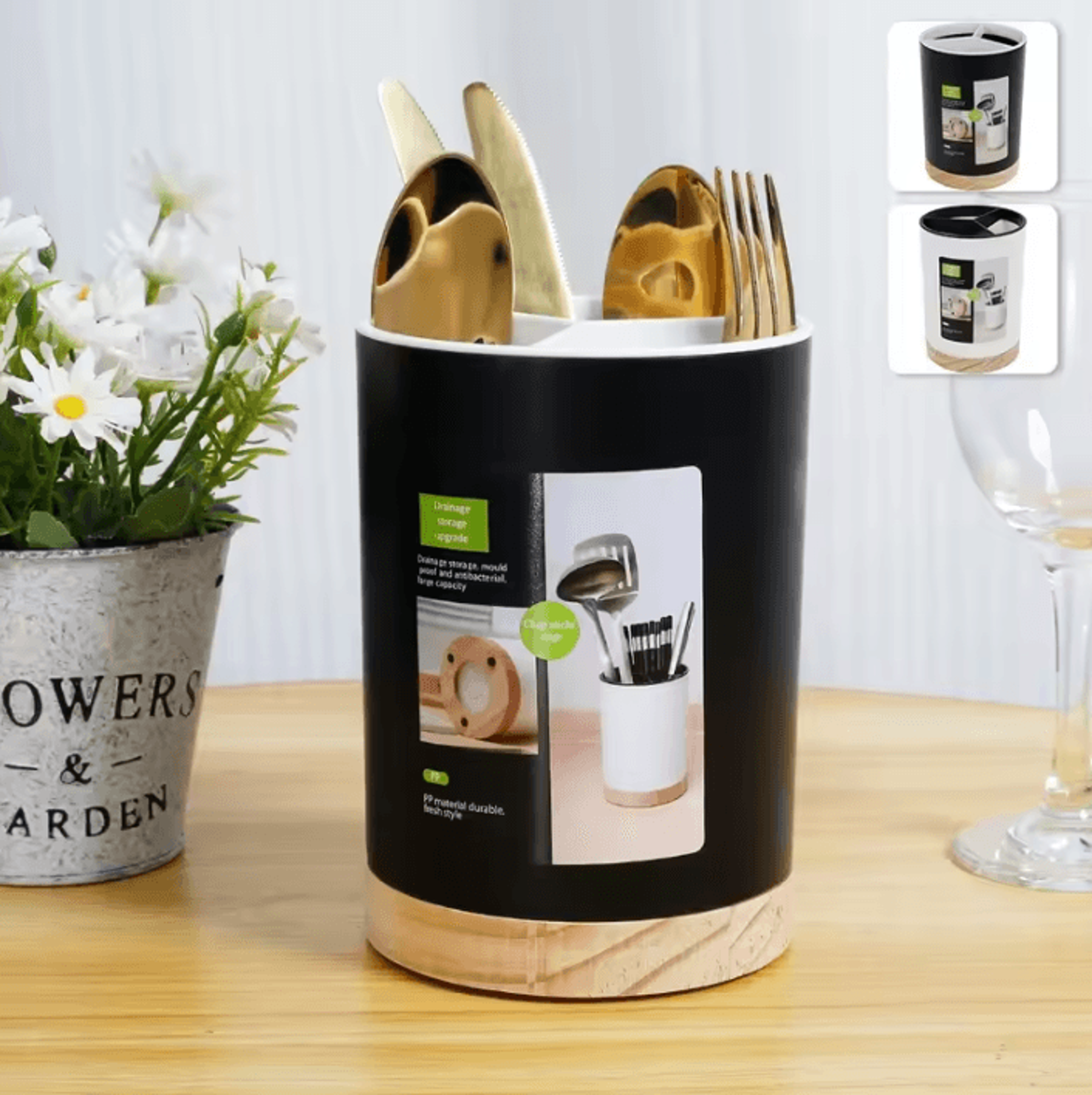 360 rotating utensil organizer – 3-compartment kitchen cutlery holder