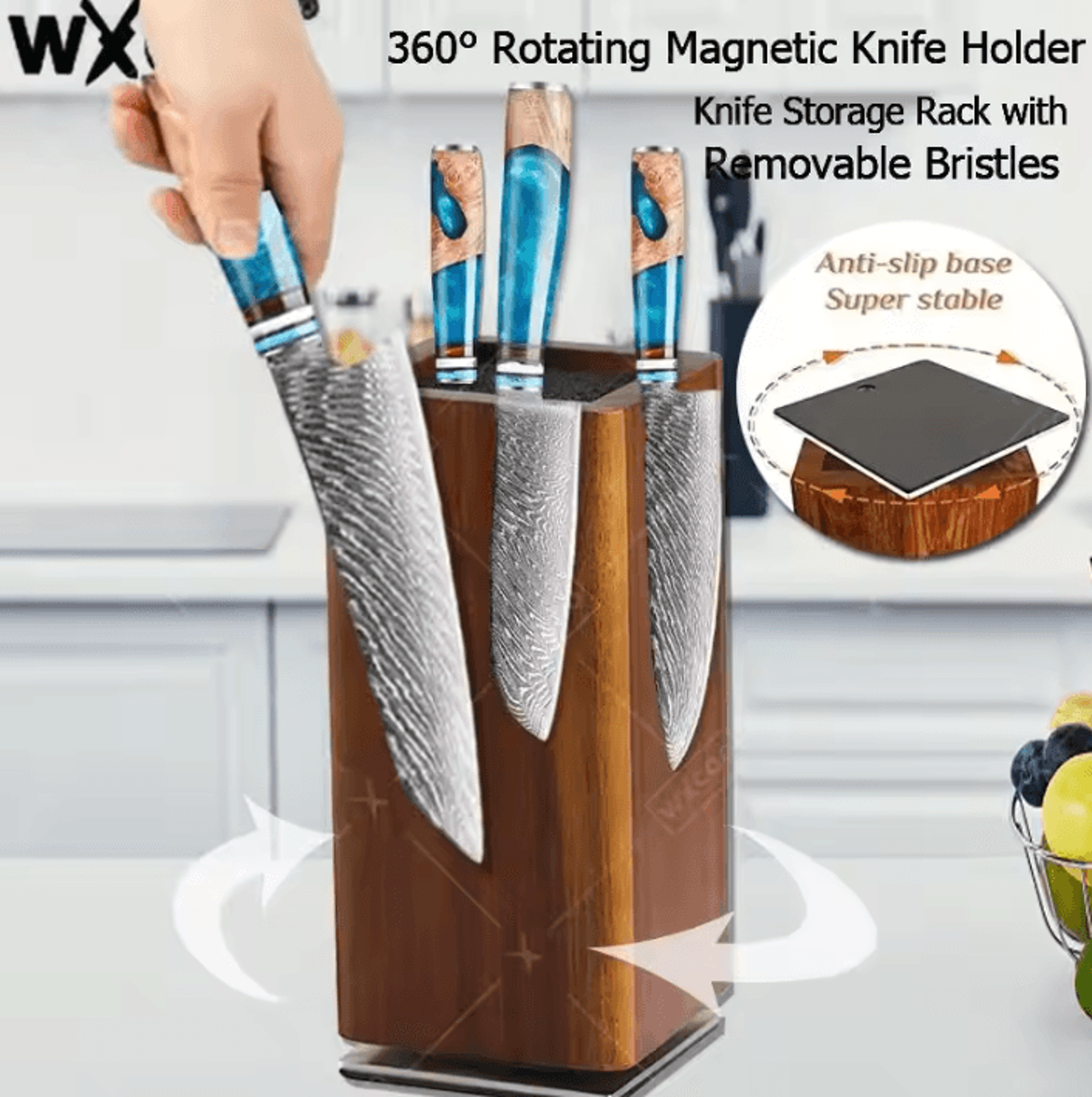 360 rotating magnetic knife block – acacia wood knife holder stand