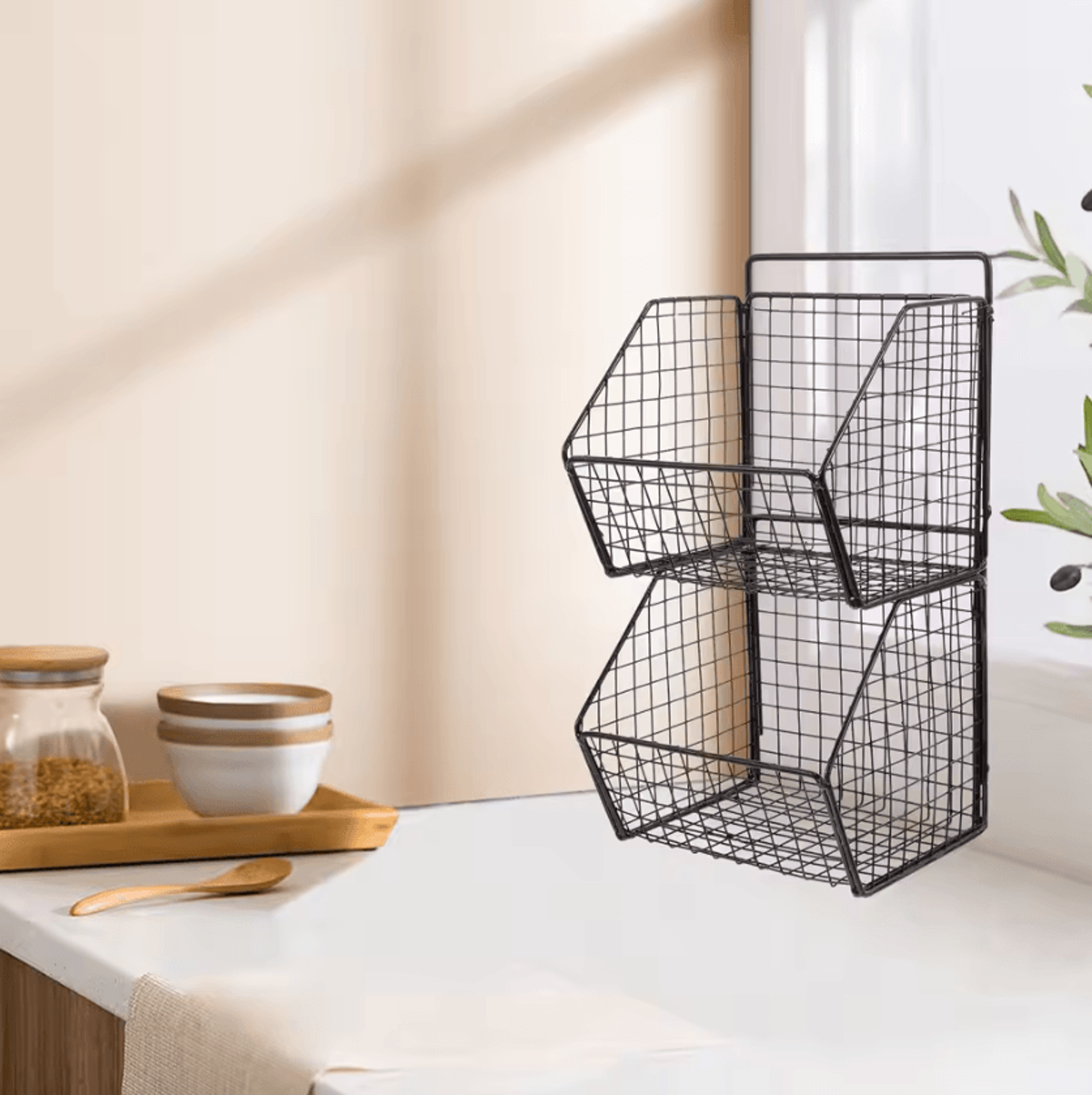2-tier wall-mounted storage basket – metal kitchen & vegetable organizer