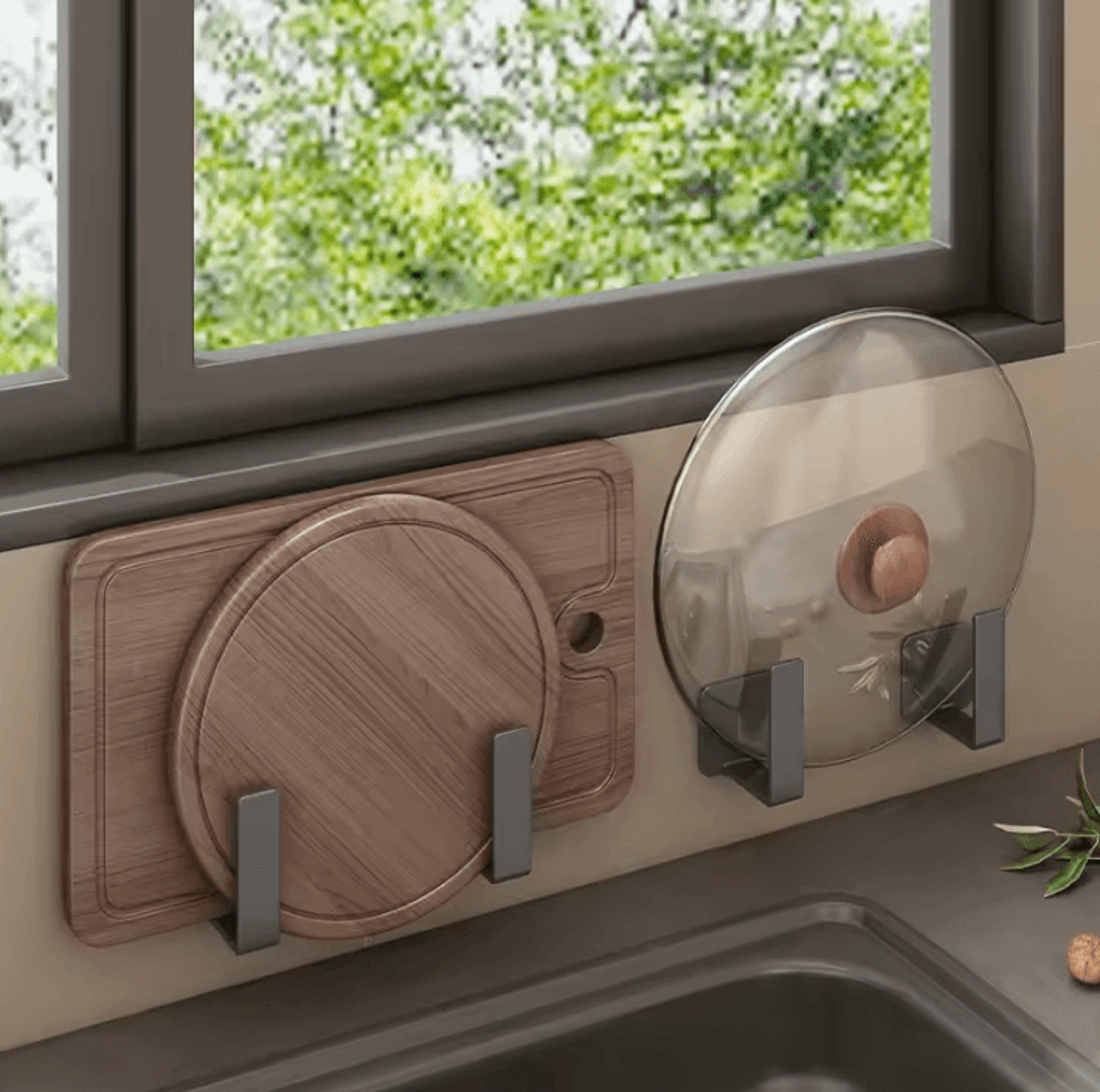 wall-mounted pot lid & cutting board organizer – no-drill kitchen storage rack