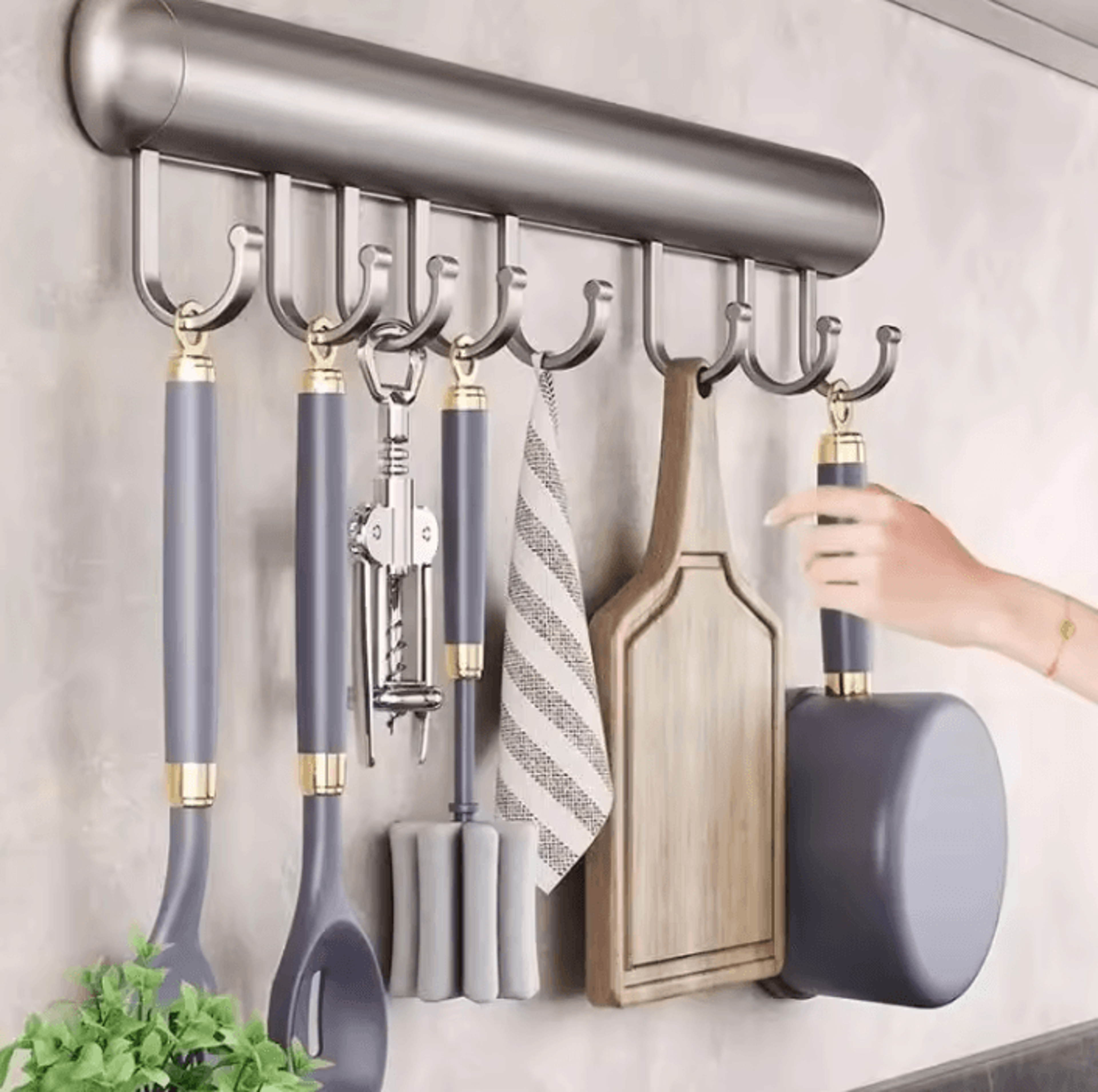 kitchen hook holder punch-free hanging rod wall-mounted storage rack spatula spoon hanger removable space aluminum hook