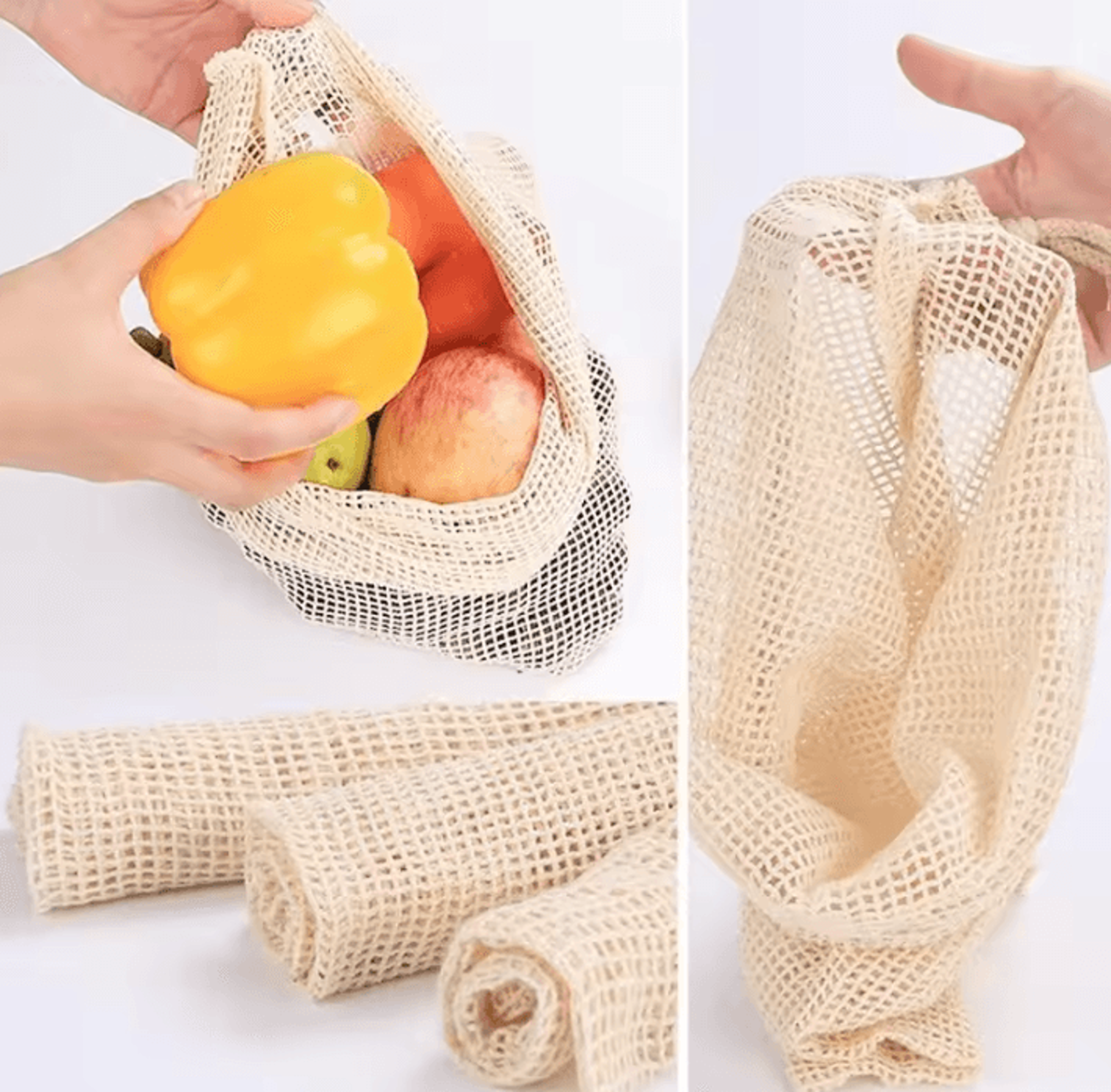 reusable cotton mesh produce bags – 3-piece fruit & vegetable storage set