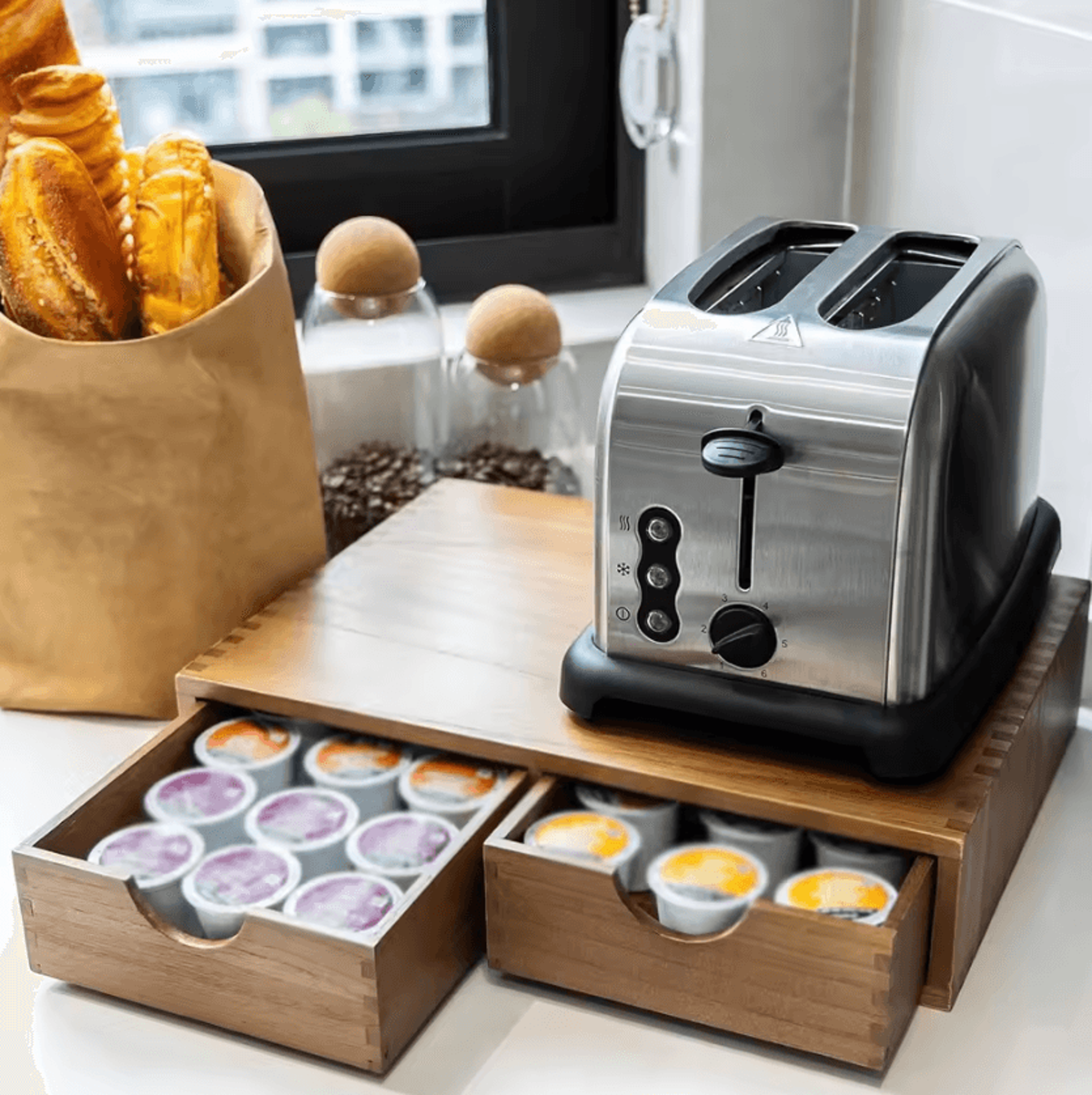 brewstation wooden coffee pod & tea storage organizer drawer