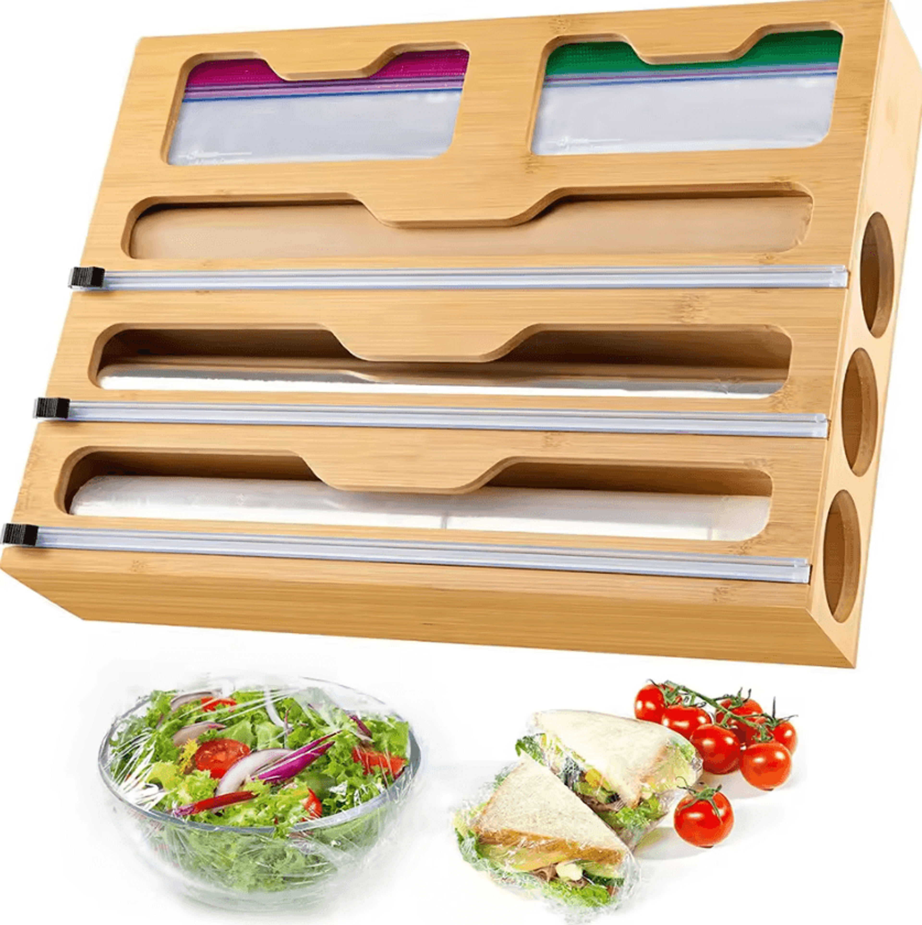 bamboo wrap organizer with built-in cutter – kitchen foil & plastic wrap dispenser