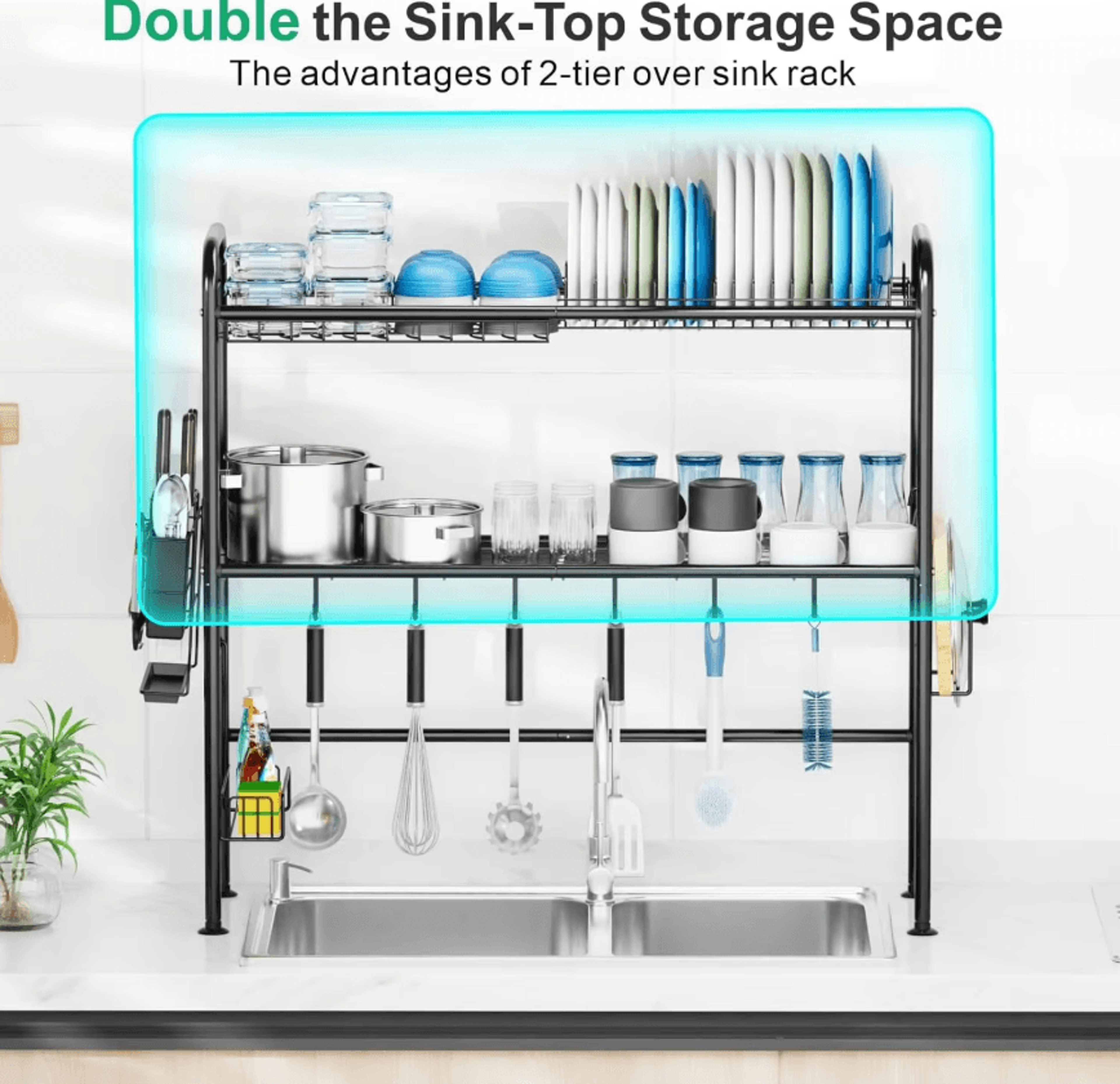 2-tier over-the-sink dish drying rack – rustproof kitchen organizer with utensil holder