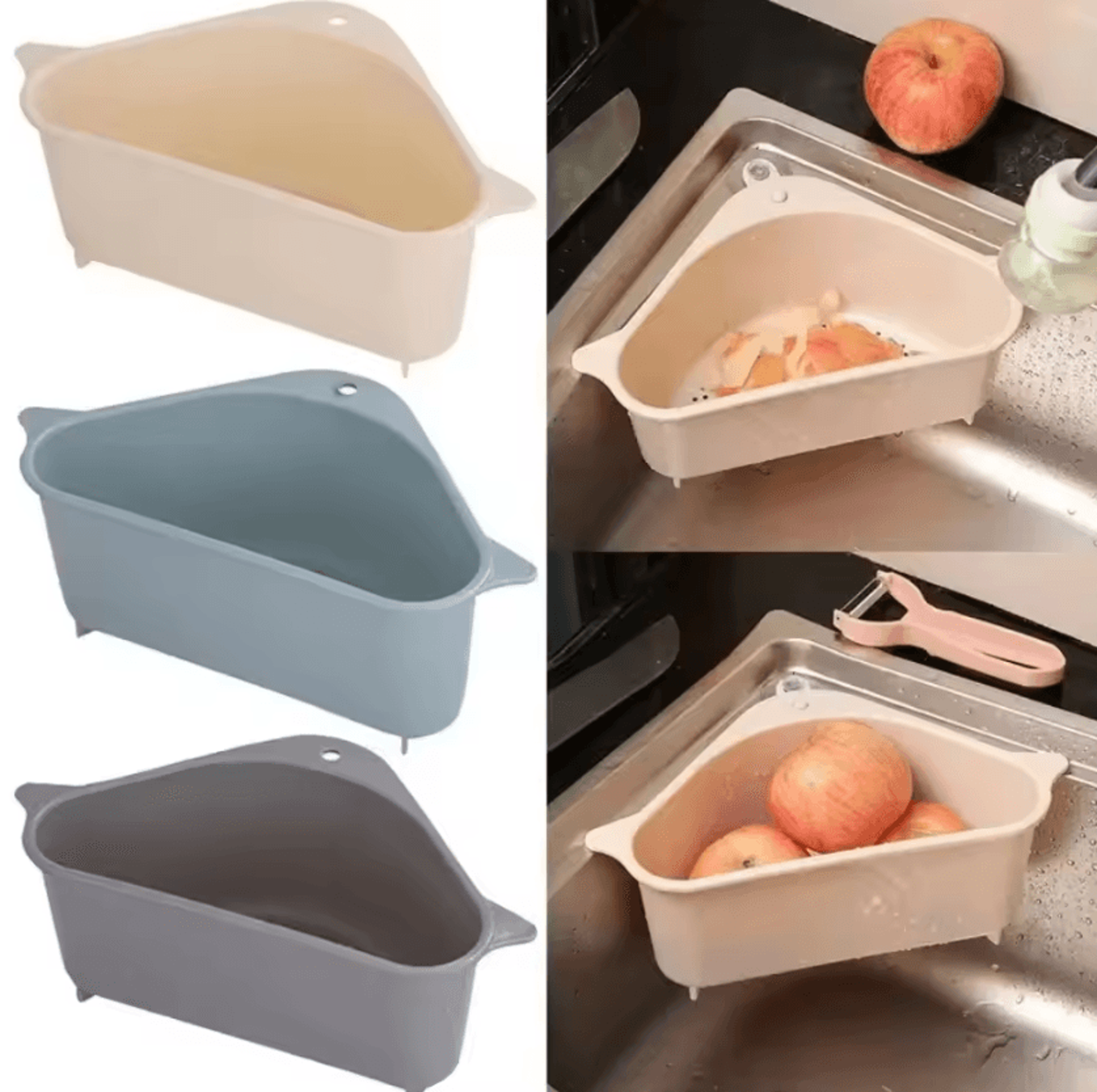 triangular sink strainer basket – suction cup drain shelf for fruits, vegetables & sponges