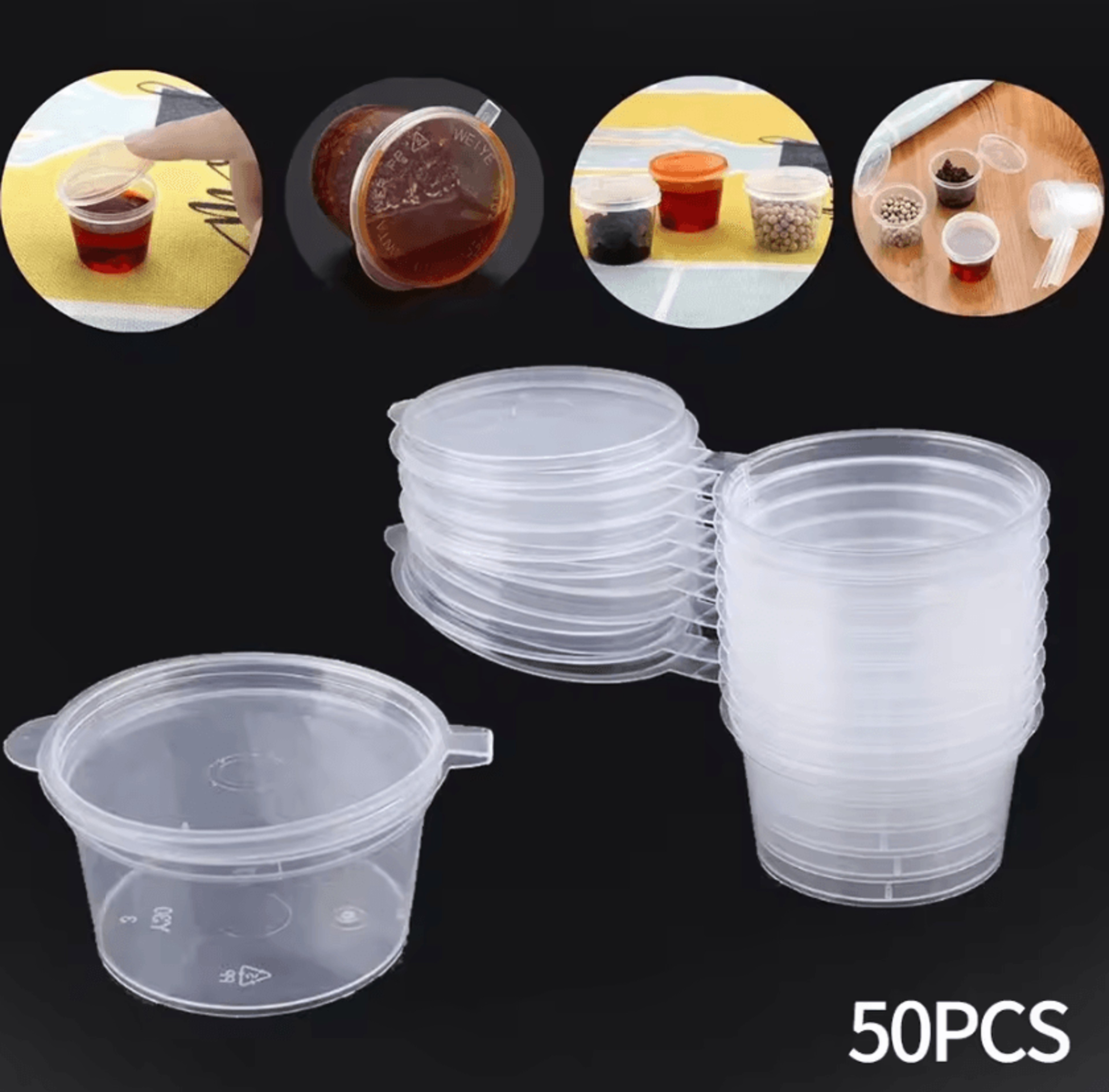50-piece disposable sauce containers with lids – clear round condiment & food storage cups