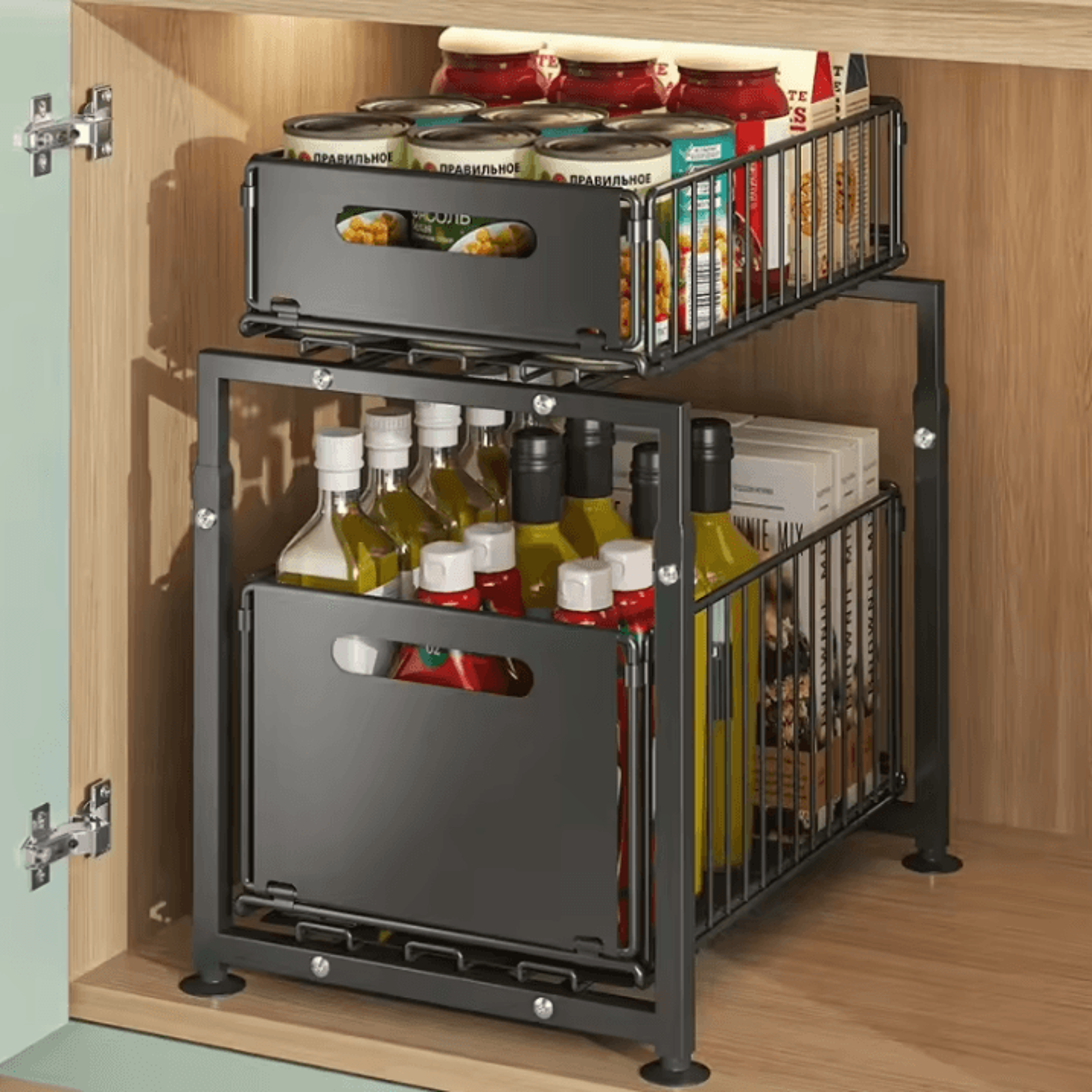 double-layer pull-out kitchen cabinet organizer – multi-level storage rack for spices, snacks & bottles
