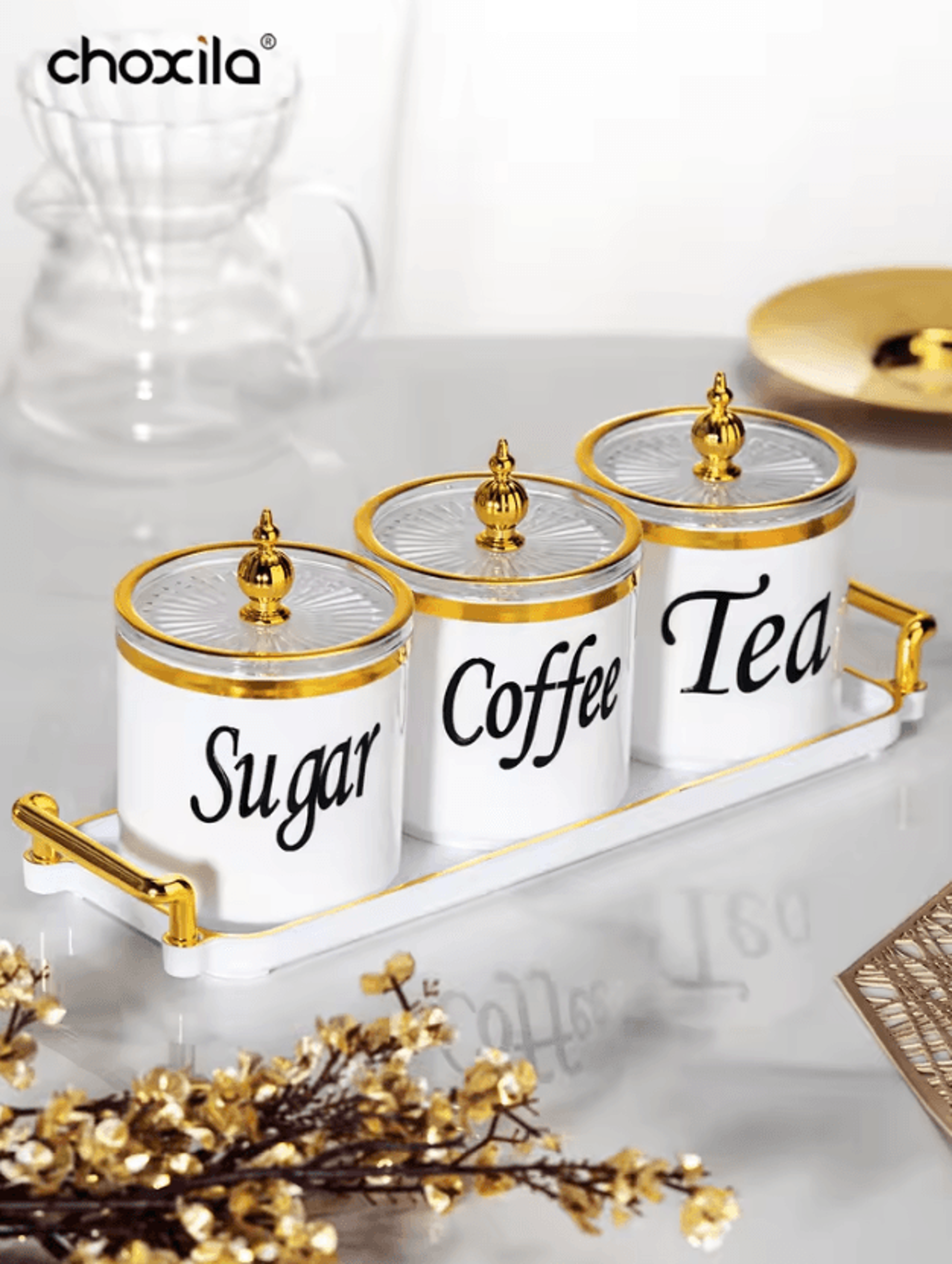 4-piece coffee canister set with tray – decorative storage jars for coffee, tea & sugar