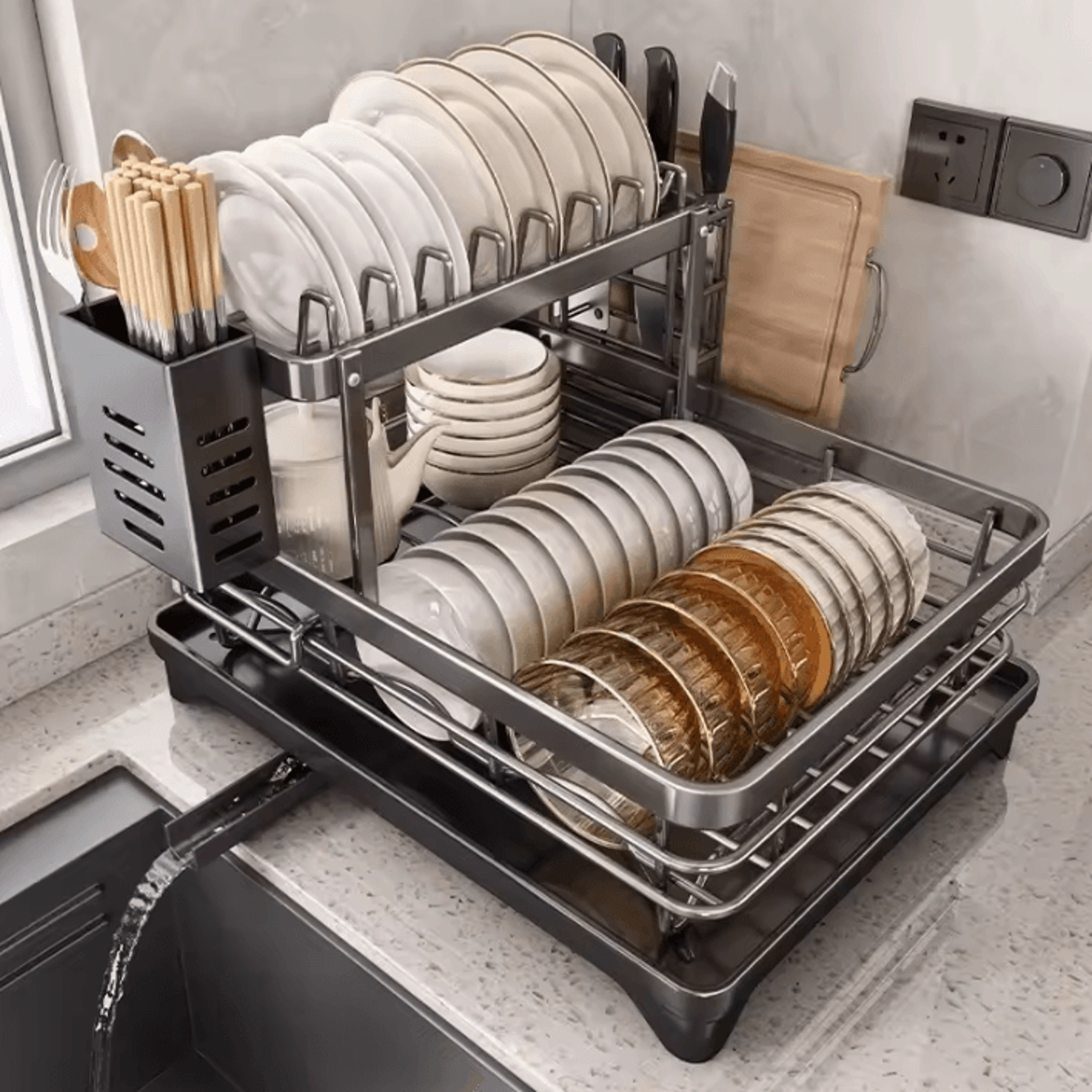 adjustable stainless steel dish drying rack with drainboard – over-sink plate & kitchen organizer