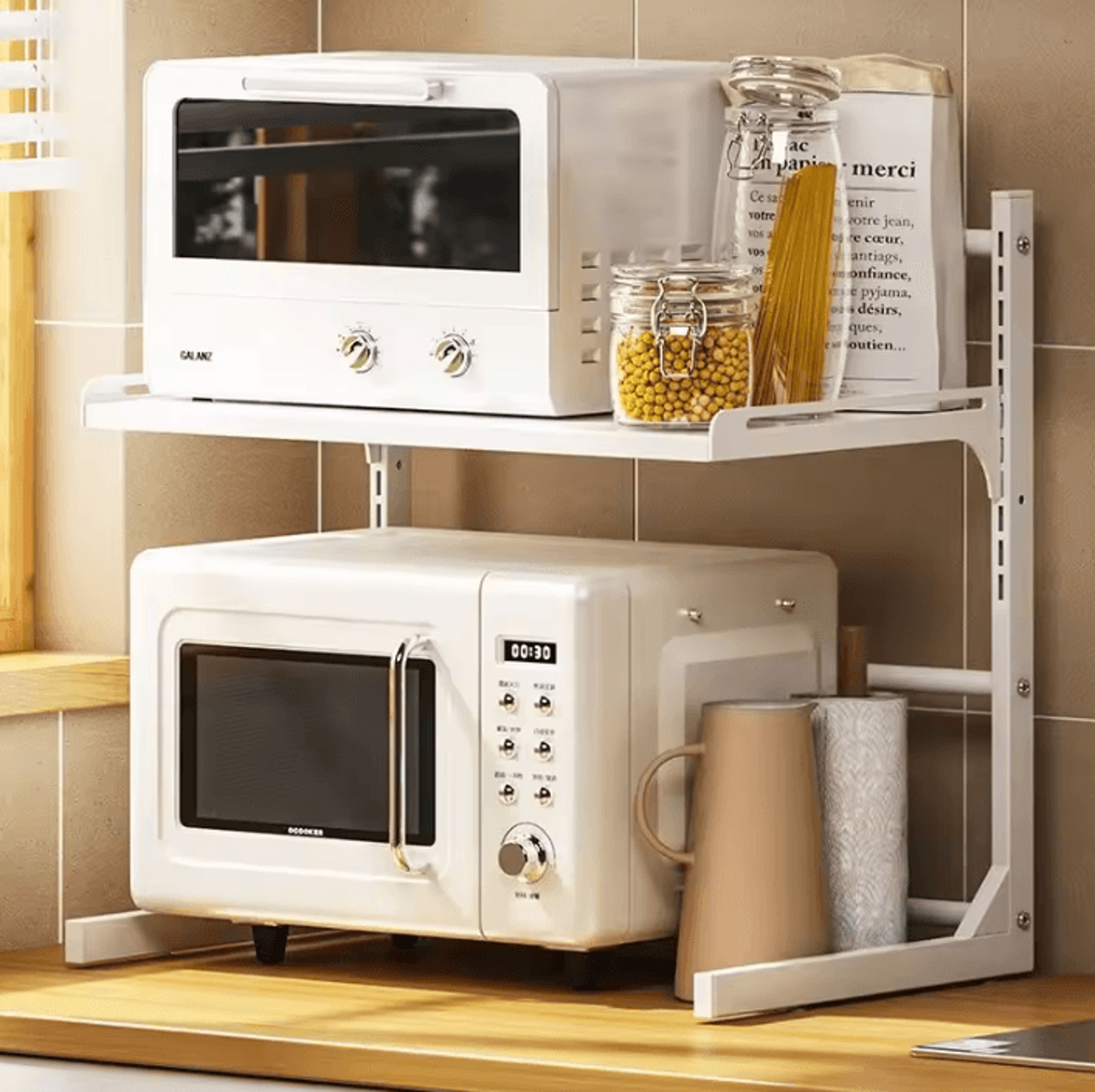 expandable multi-layer microwave oven storage rack & kitchen organizer shelf