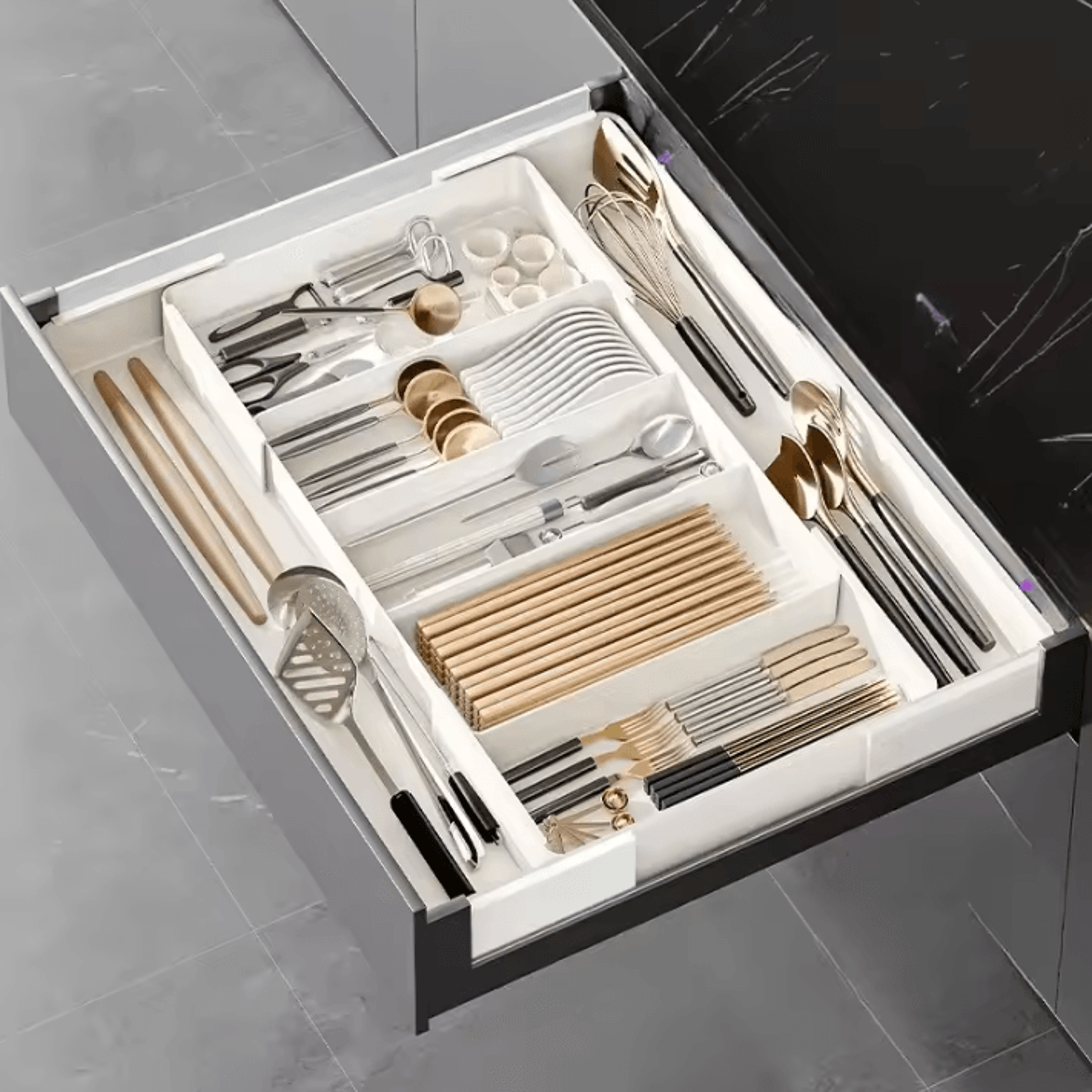 expandable kitchen drawer organizer tray for cutlery & utensil storage