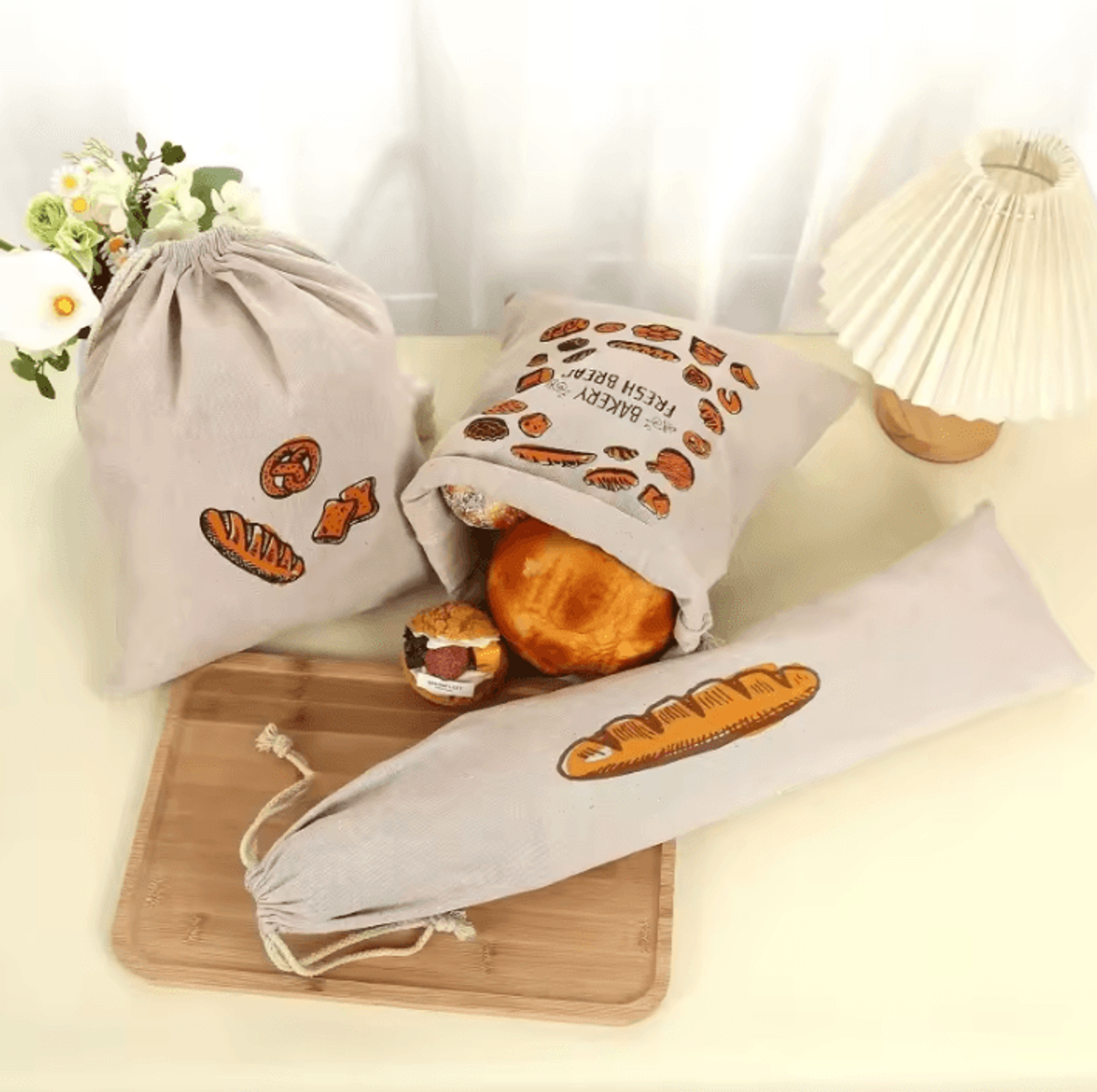 reusable linen bread storage bag for baguettes, toast & fresh baked goods