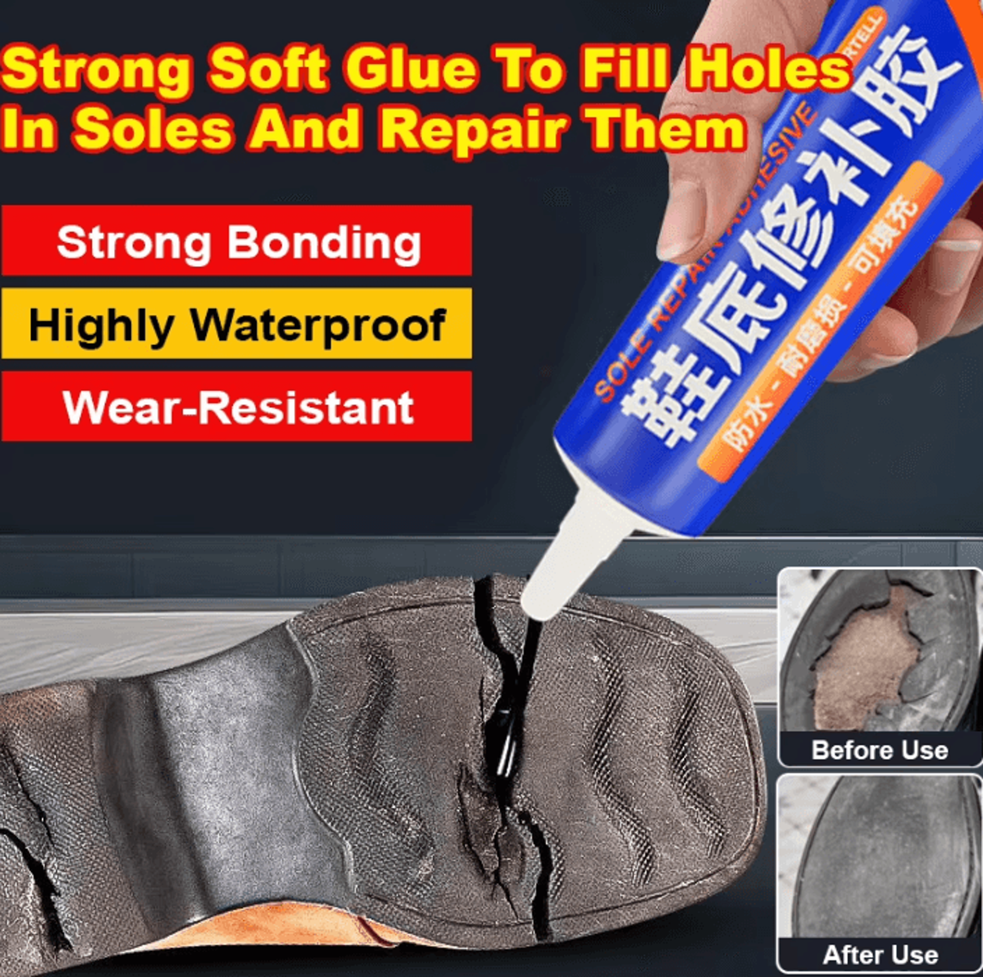 waterproof shoe repair glue for sneakers, leather shoes & sole bonding