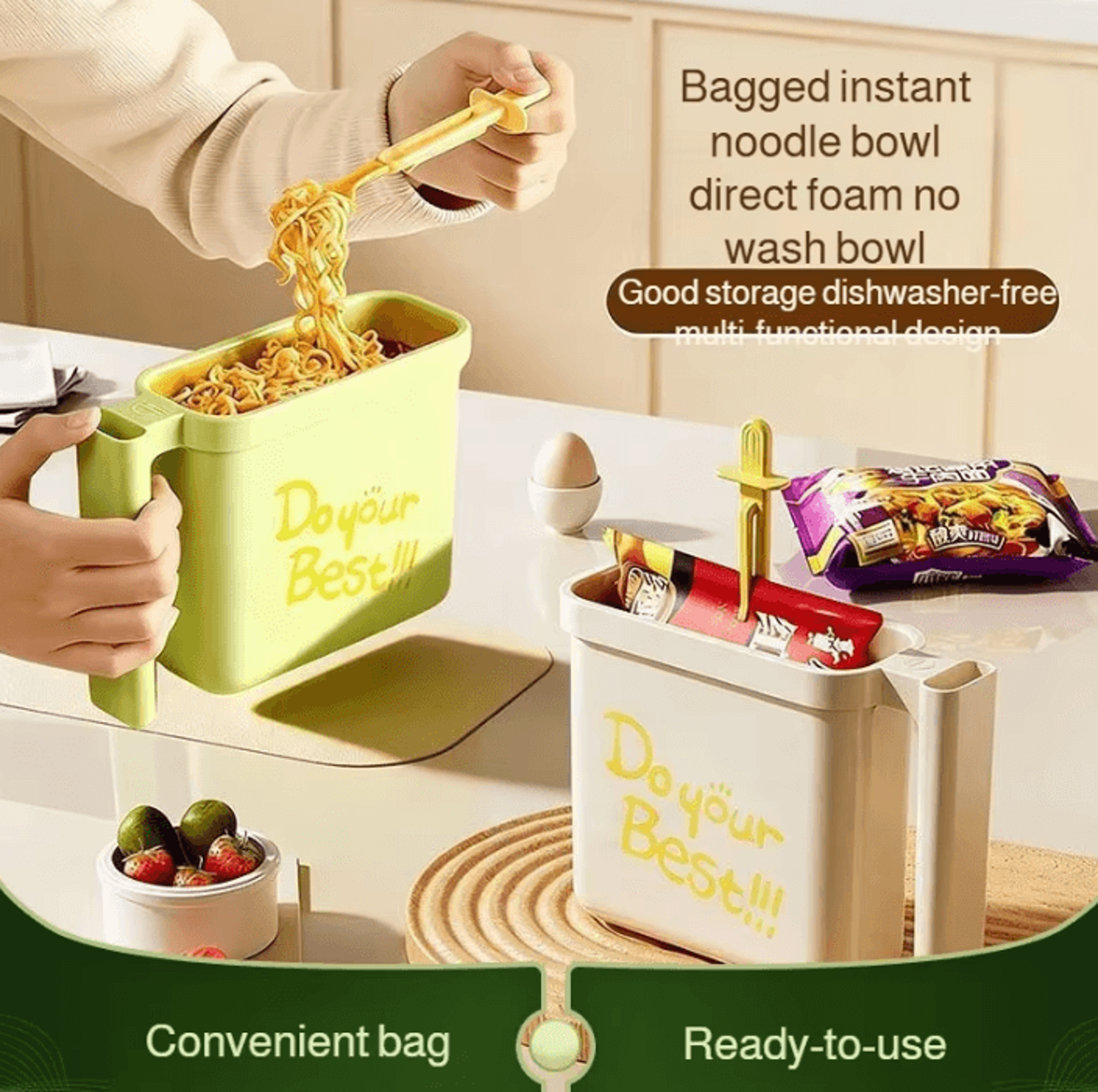 instant noodle bowl with built-in fork – reusable heat-resistant food container
