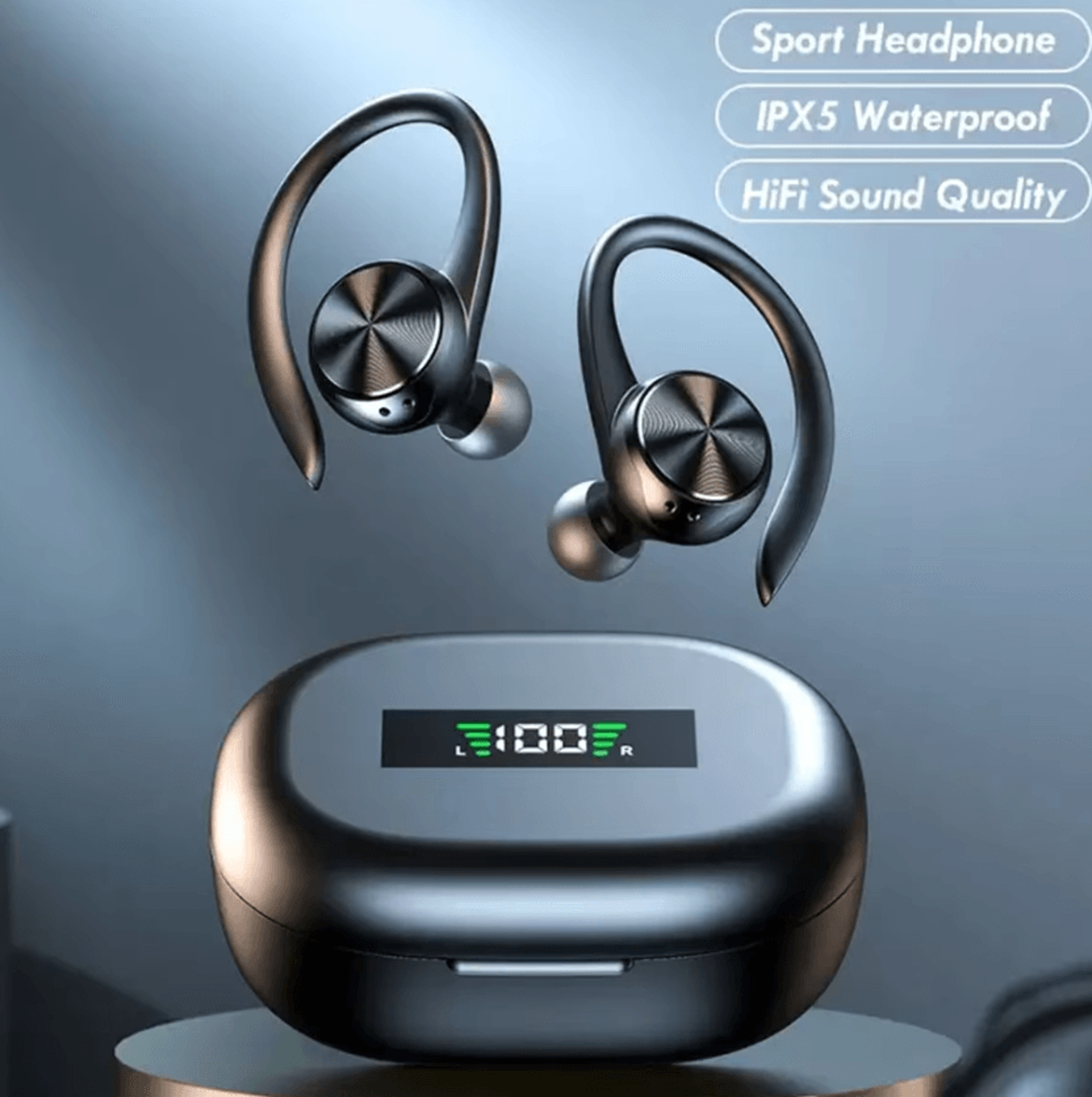 bluetooth 5.0 sports earbuds with charging case & secure ear hooks