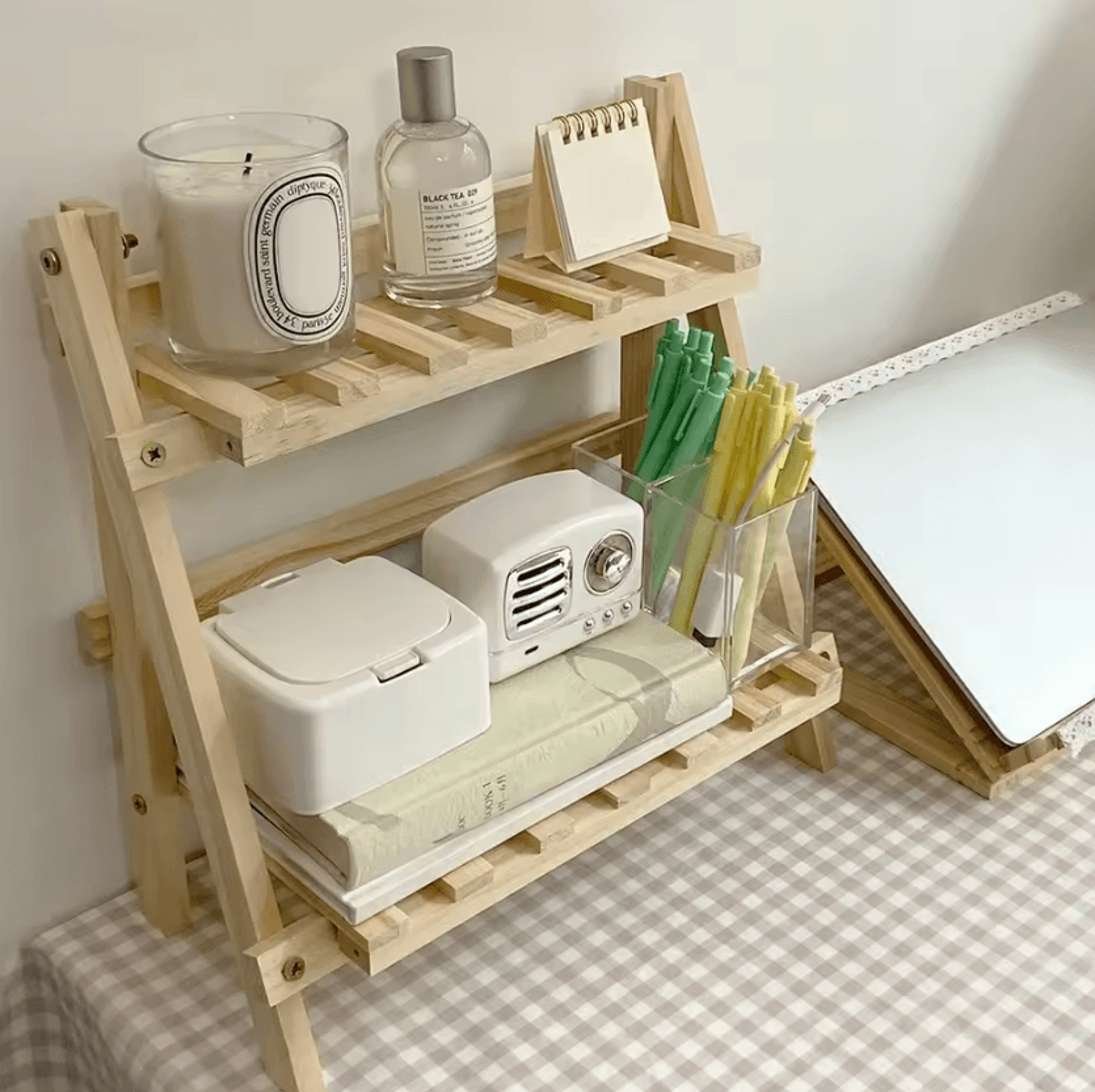 2-tier wooden desktop organizer foldable desktop storage shelf for home & office