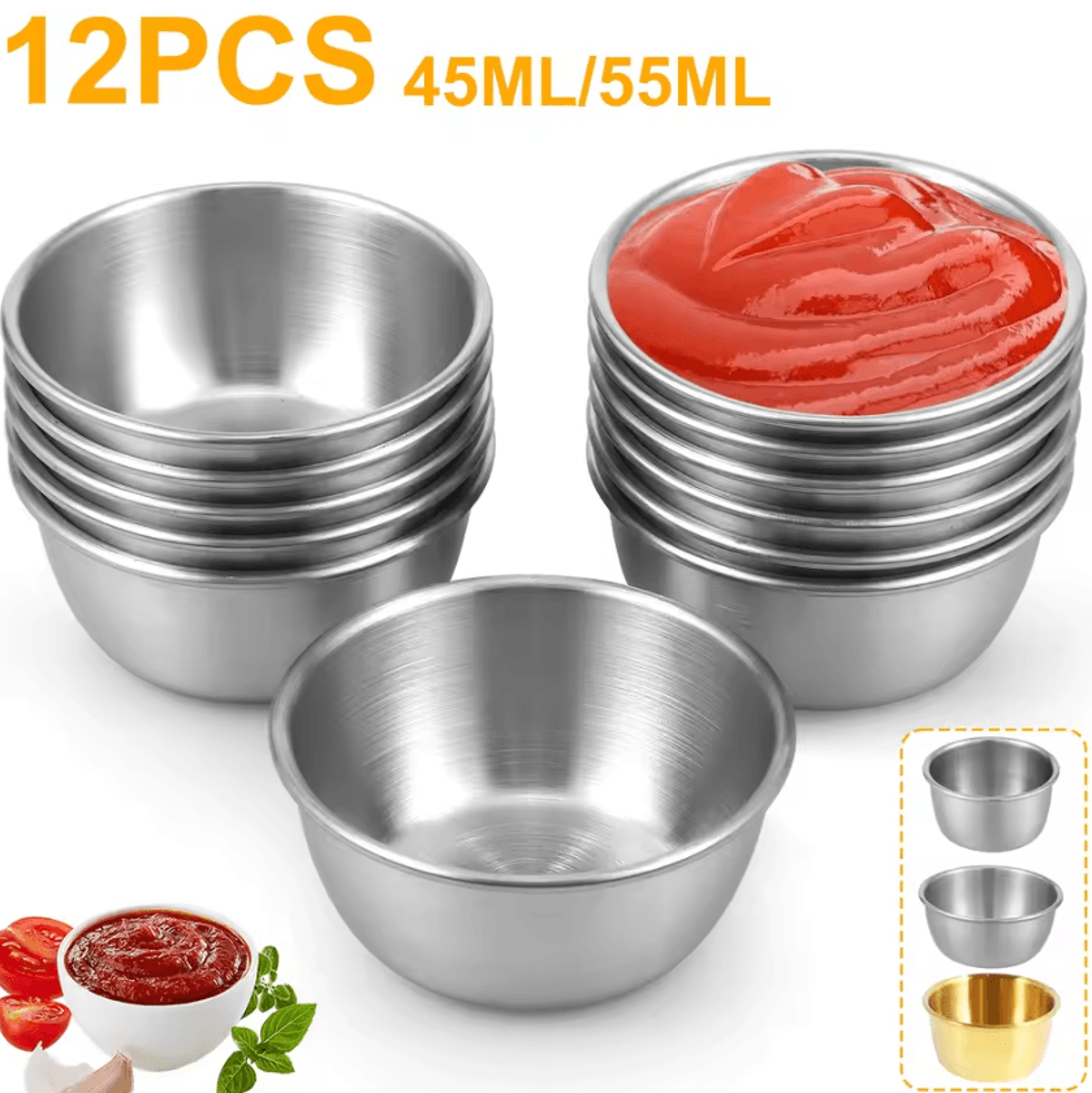12-piece 304 stainless steel sauce dipping bowl set – reusable mini condiment cups (45ml/55ml)