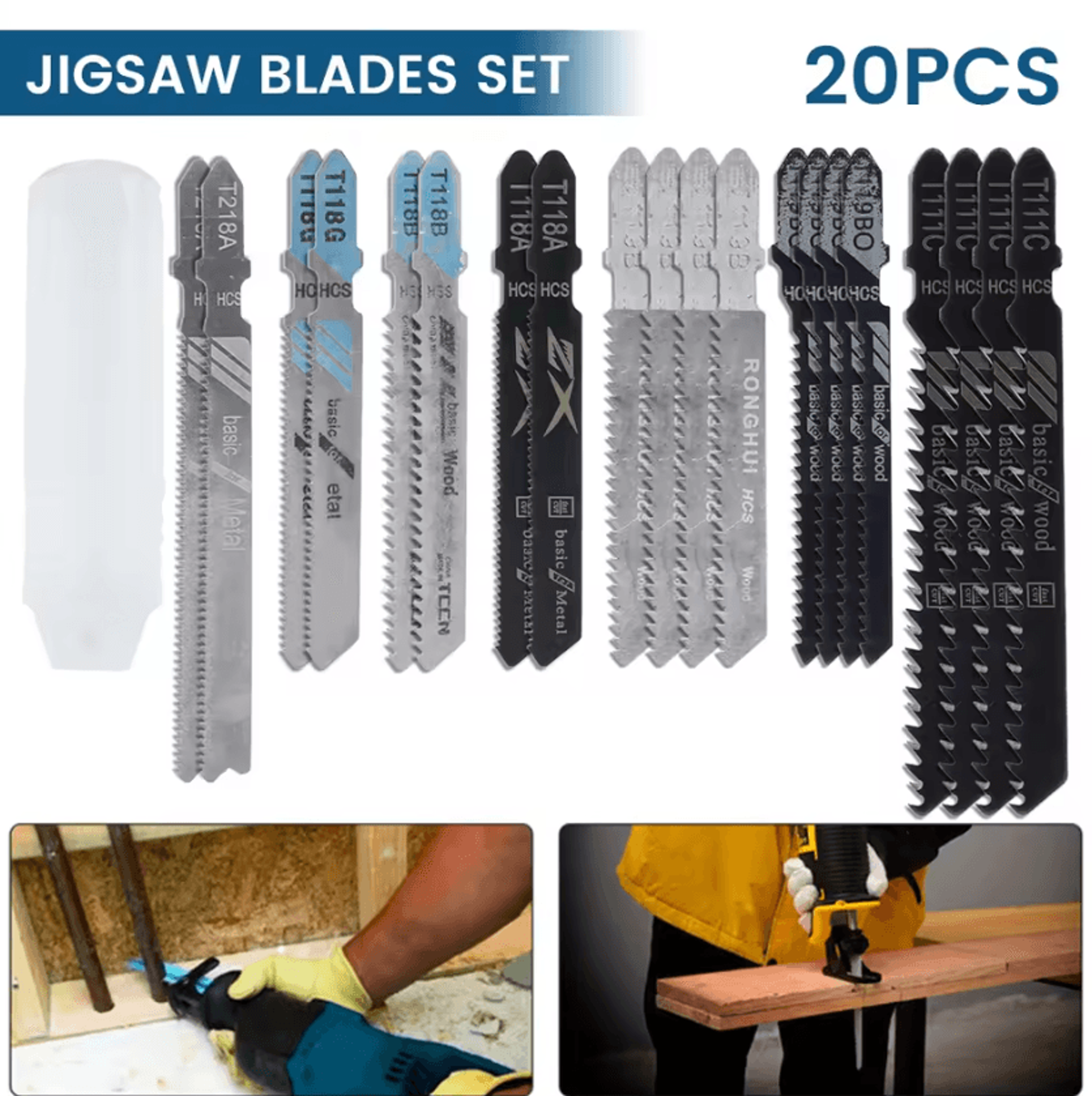 20-piece t-shank jigsaw blade set – hcs assorted blades for wood, plastic & metal cutting
