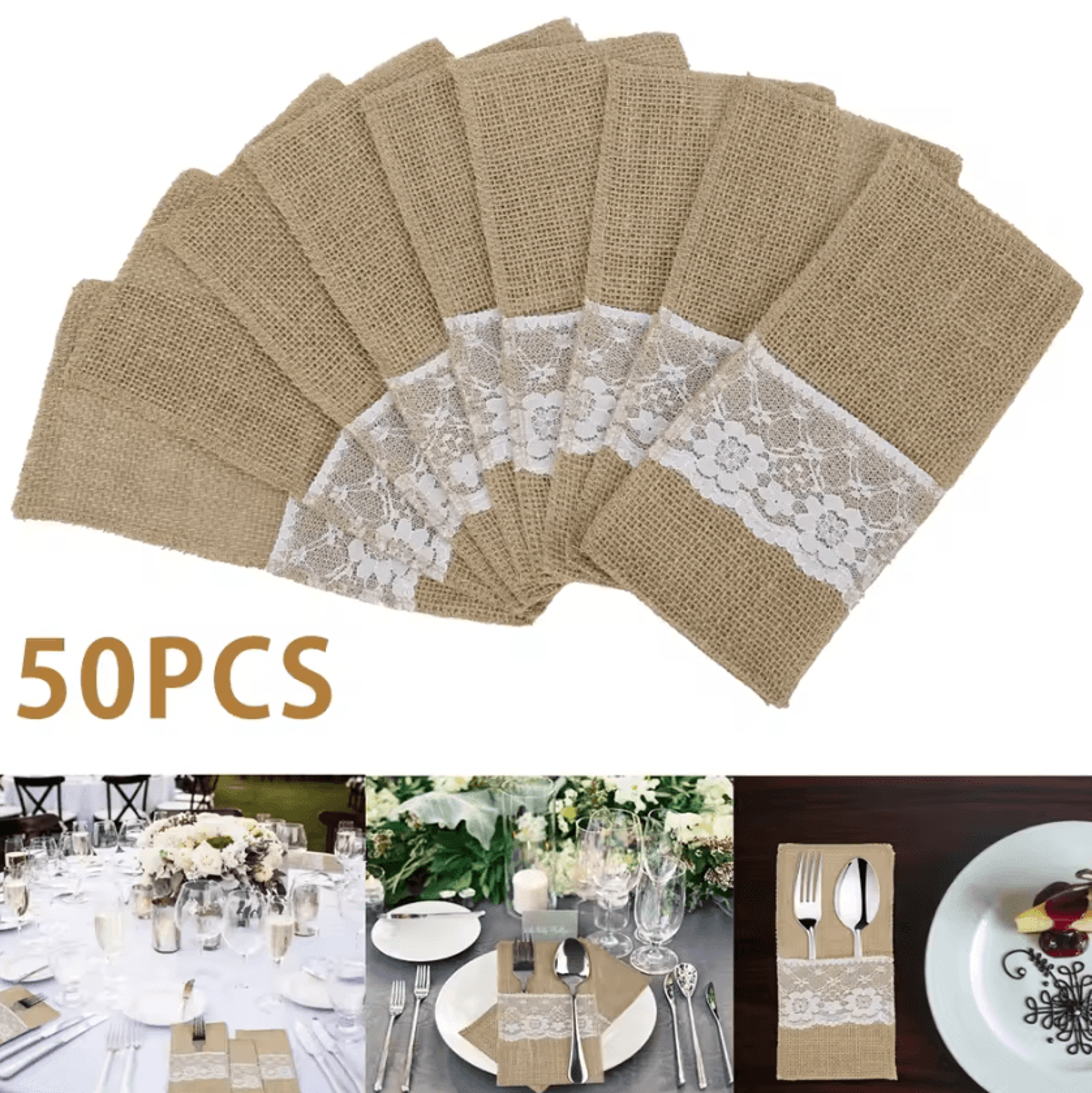 rustic burlap cutlery pouches with lace wedding silverware holders 50 pieces