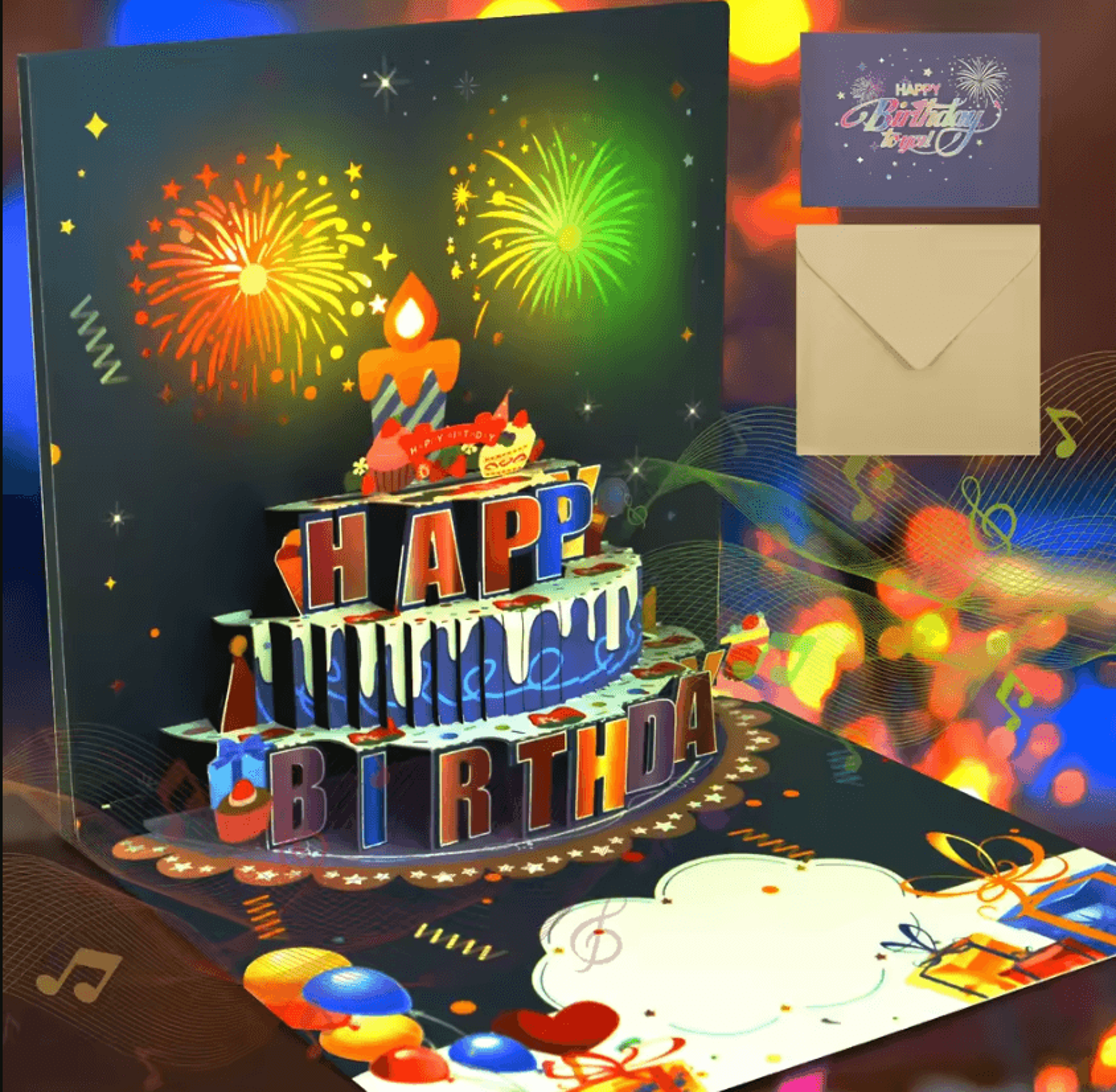 musical 3d pop up birthday card with lights, fireworks & happy birthday greeting