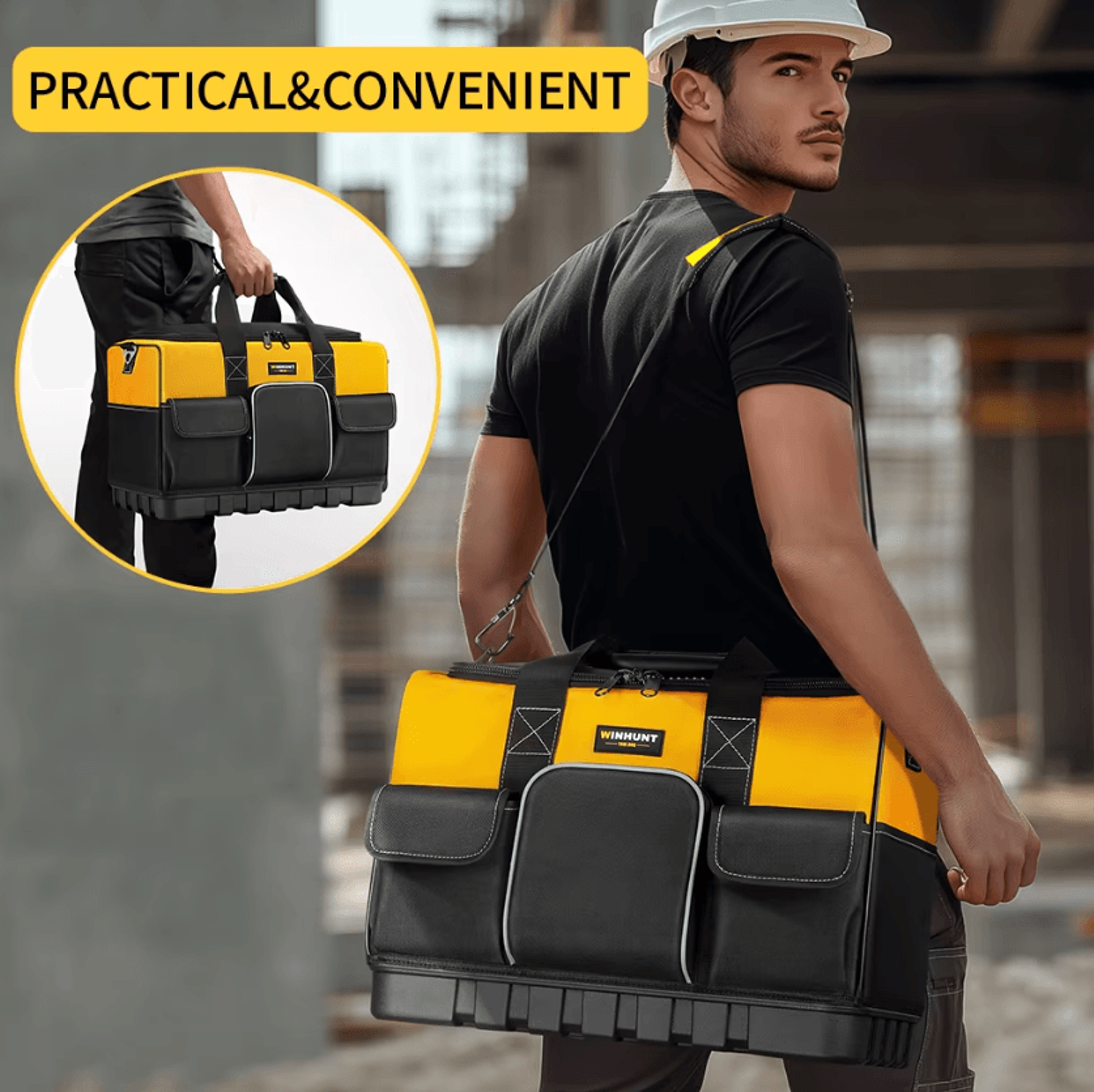 winhunt heavy duty wide mouth tool bag with molded base and adjustable shoulder strap