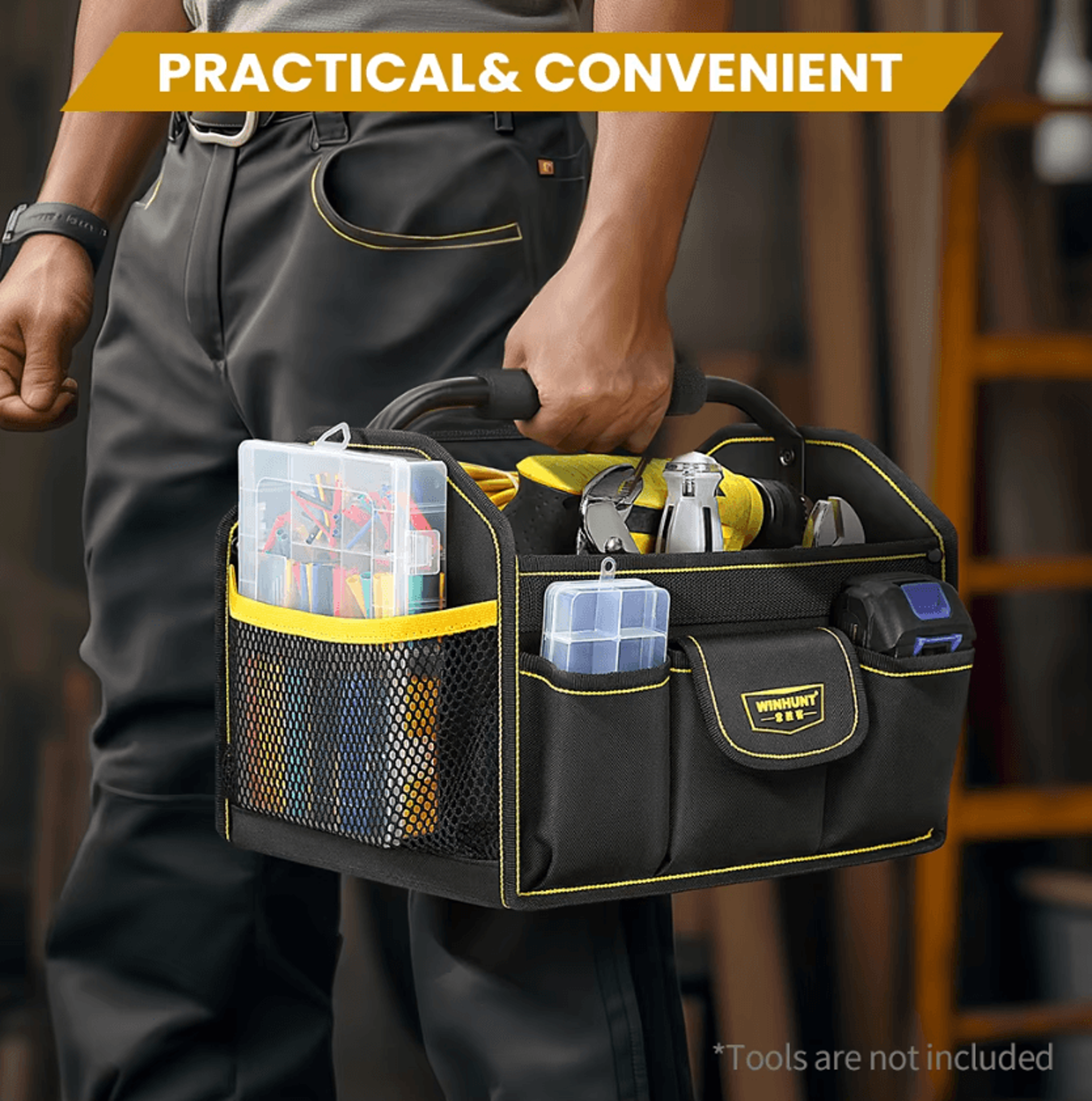 winhunt 10 pocket wide mouth tool tote bag with steel handle heavy duty tool organizer
