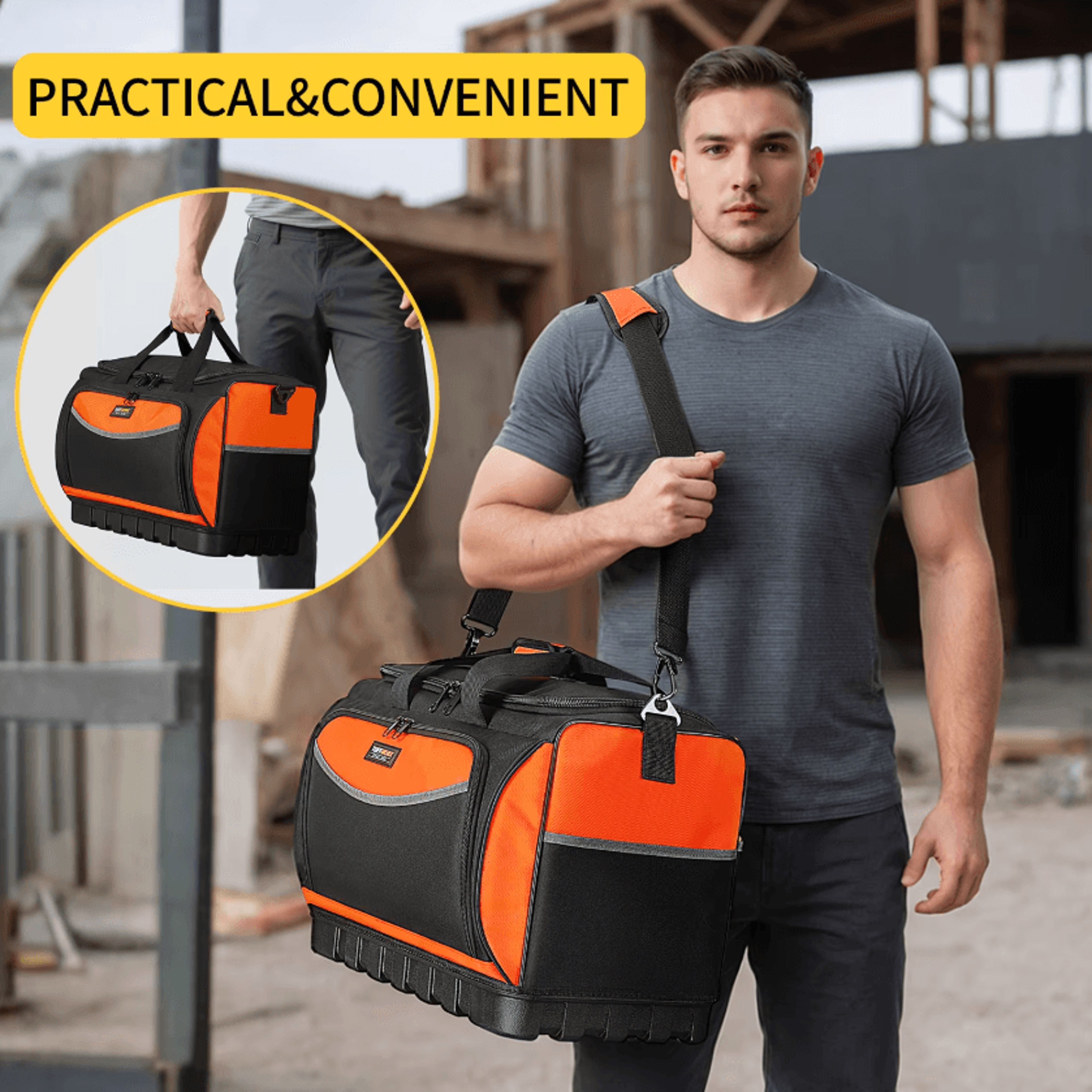 heavy duty open top tool bag with molded base 18 pocket wide mouth tool organizer with shoulder strap