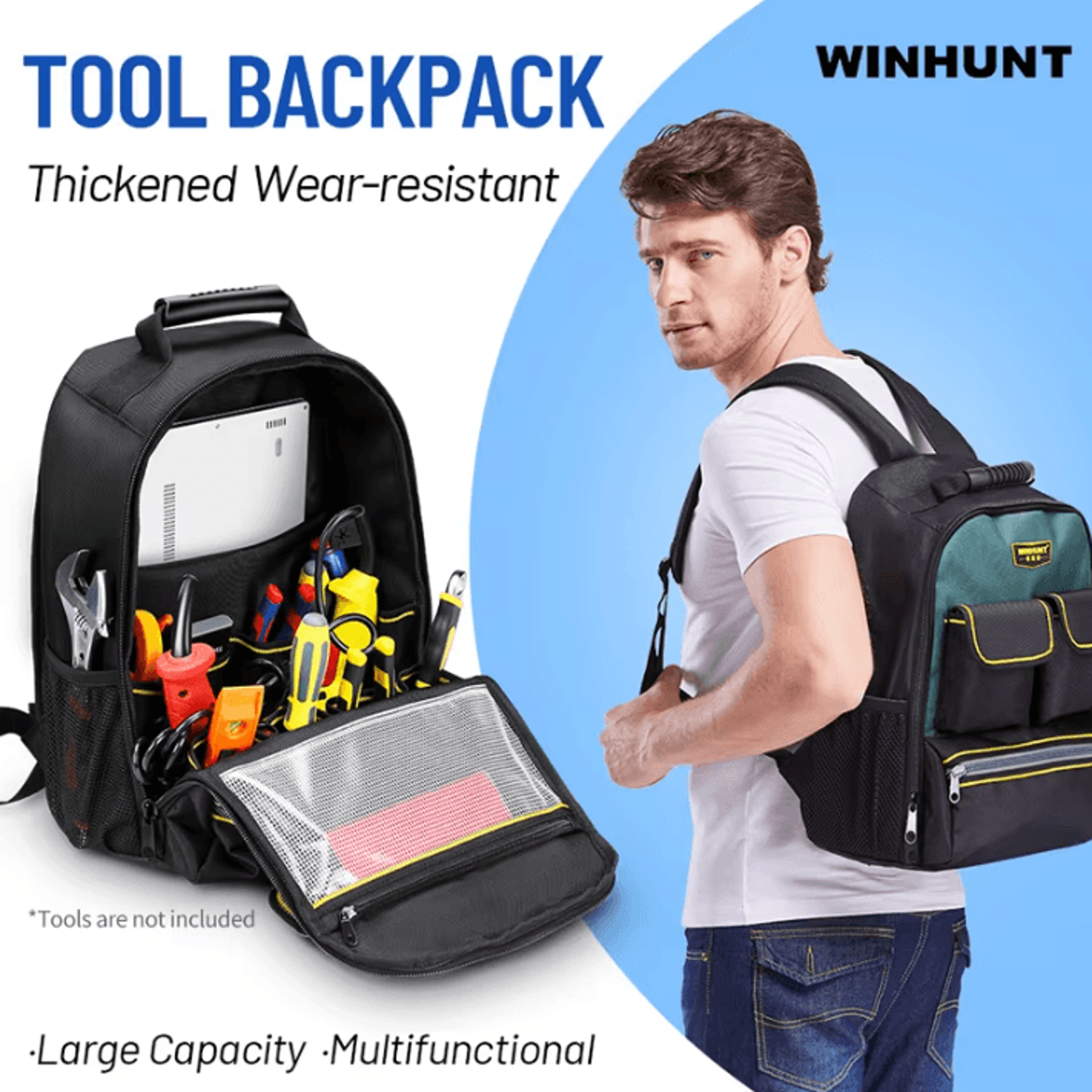 heavy duty tool backpack with shoulder strap and multi tool storage