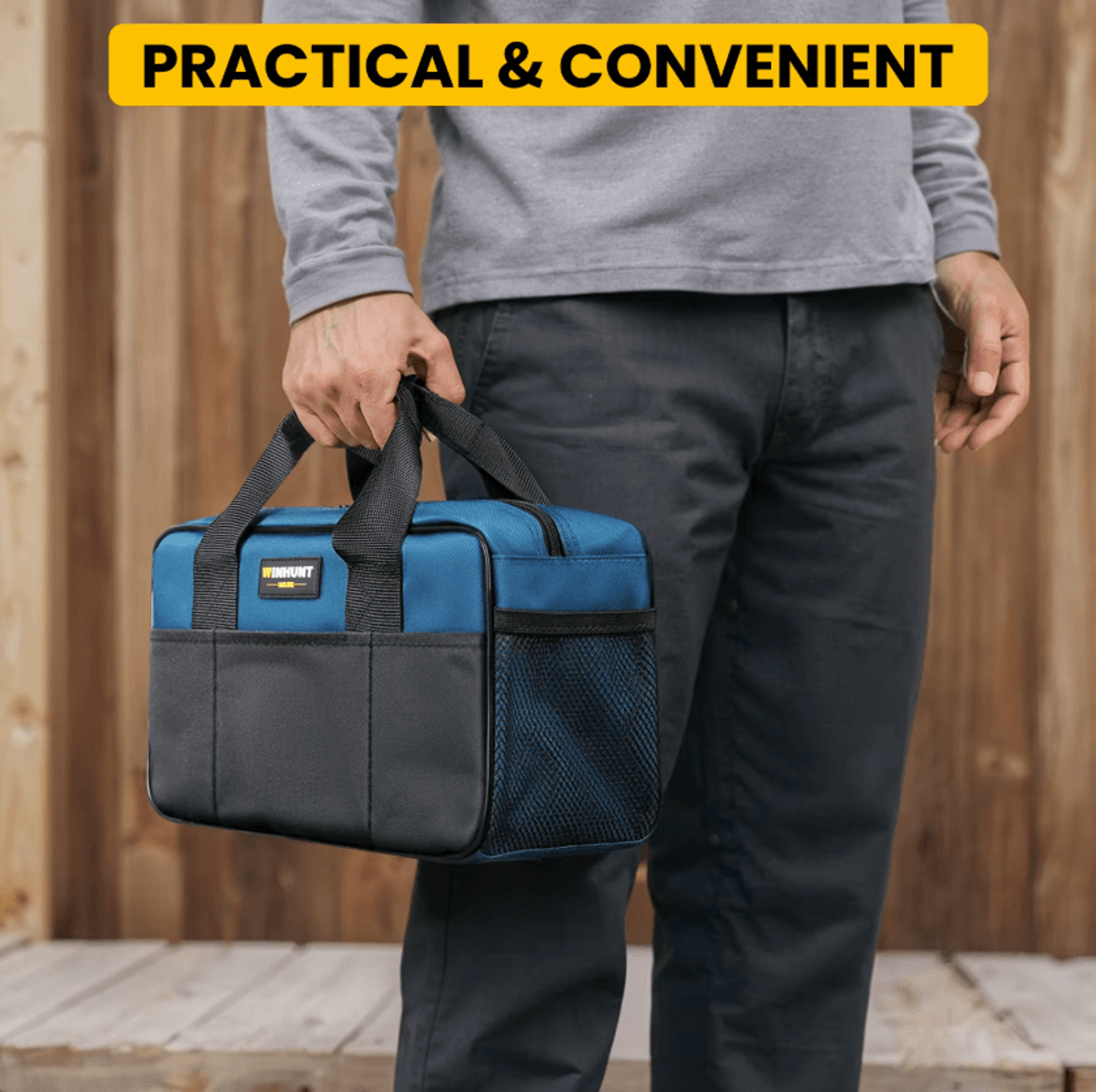 14 inch heavy duty tool tote bag with wide mouth and multiple pockets