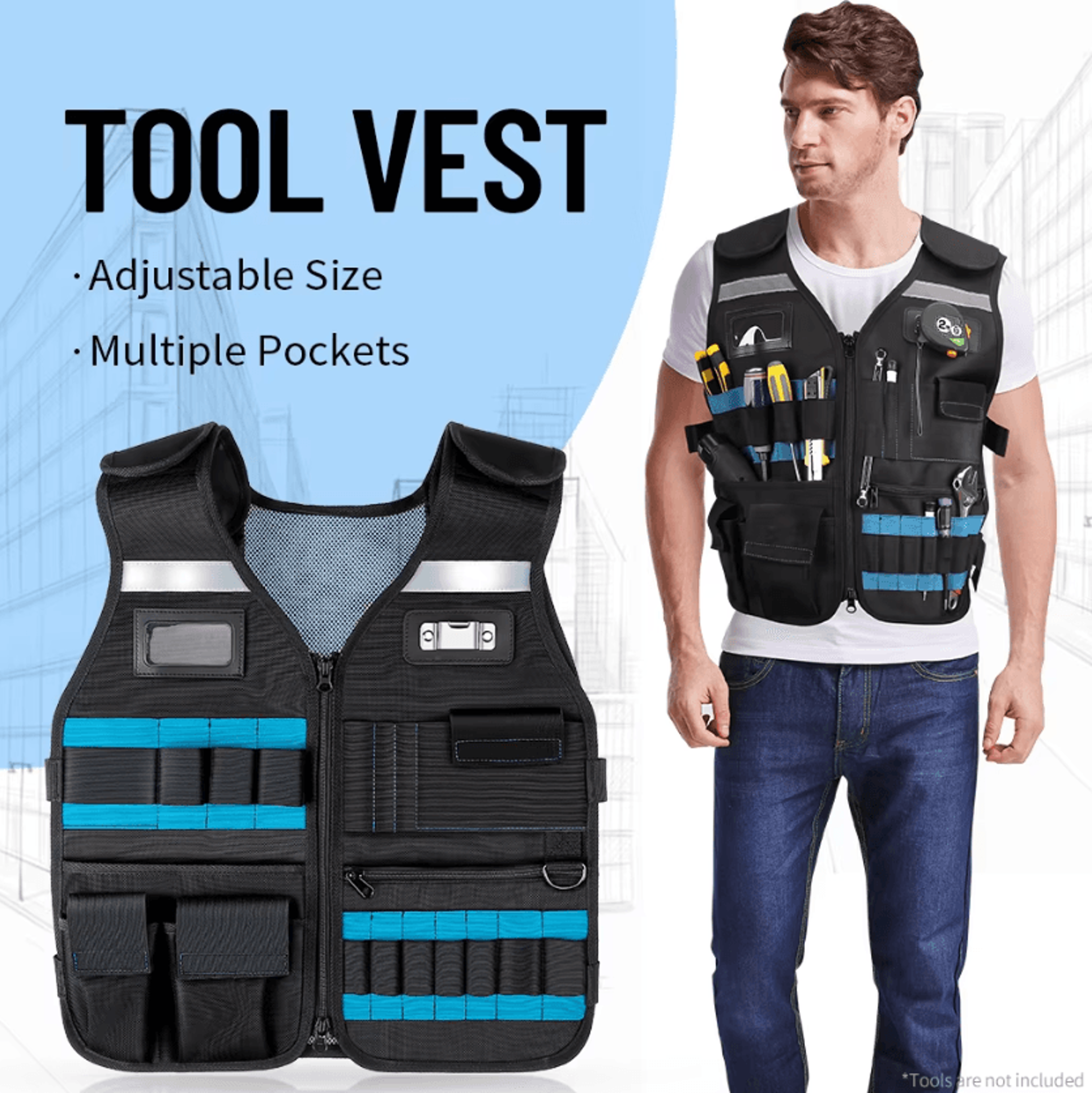 adjustable multi pocket tool vest for electrician carpenters and handymen