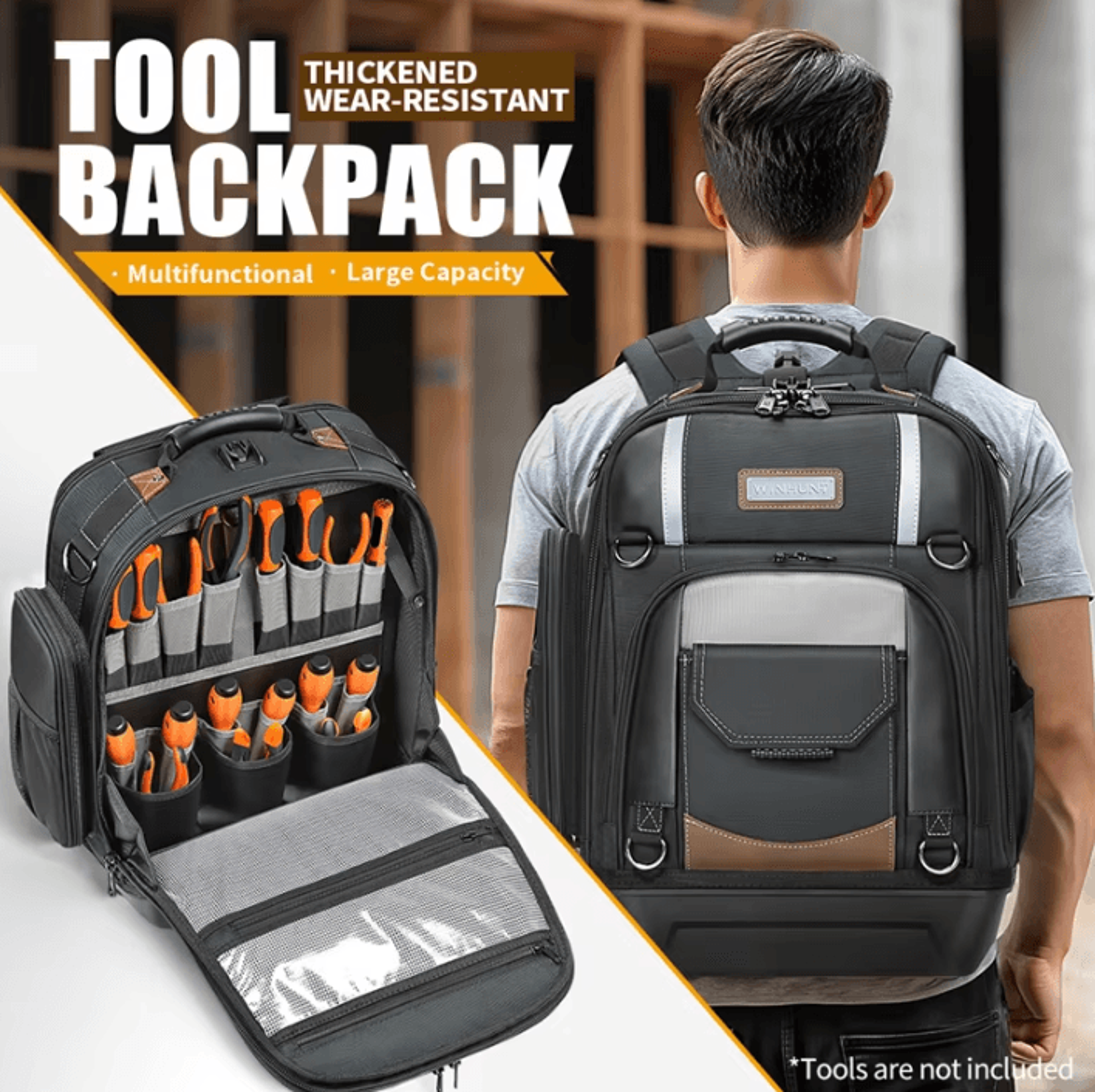 heavy duty tool backpack with molded bottom and removable tool organizer