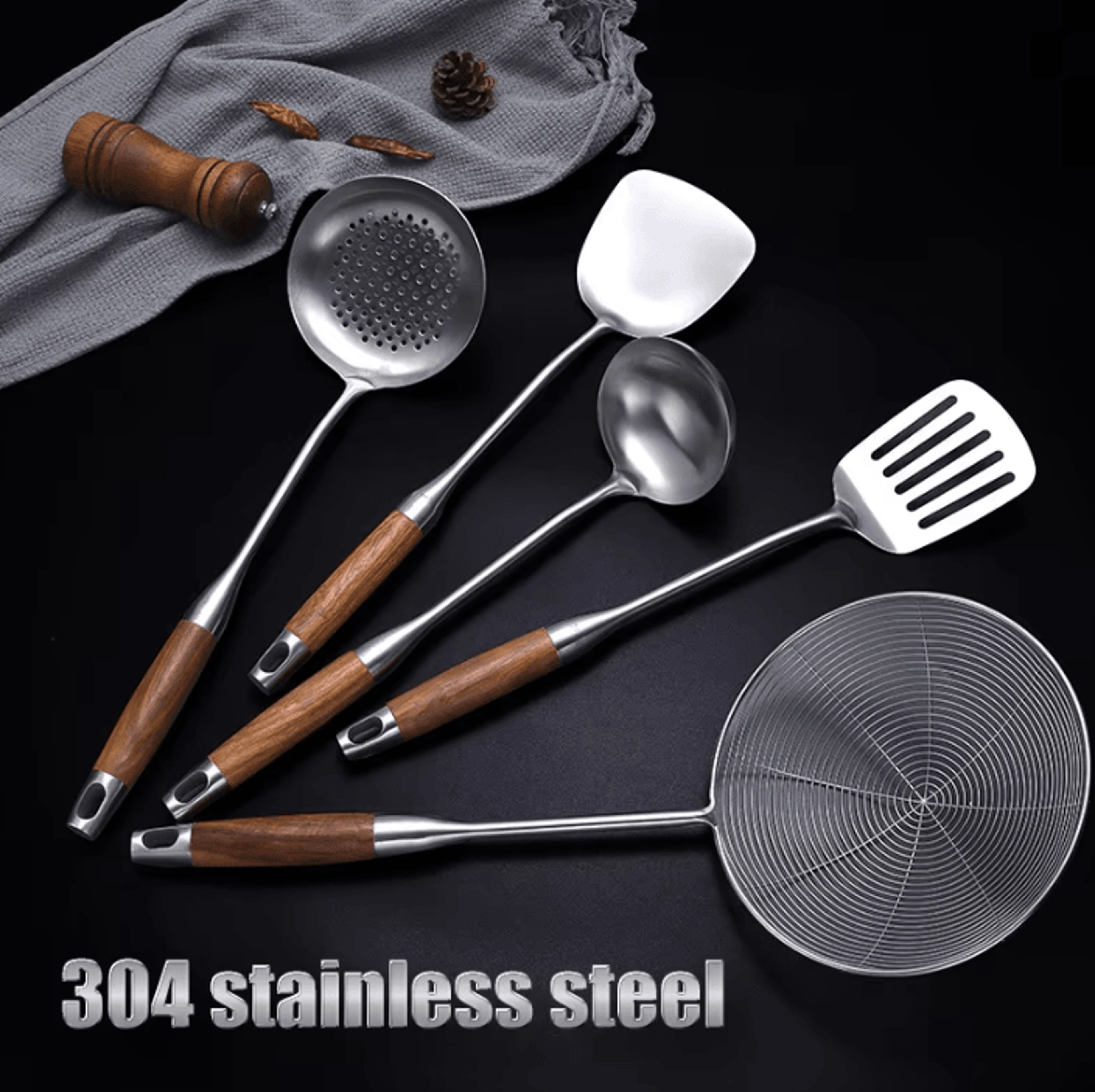304 stainless steel fish spatula with wooden handle slotted turner for fish steak and griddle cooking