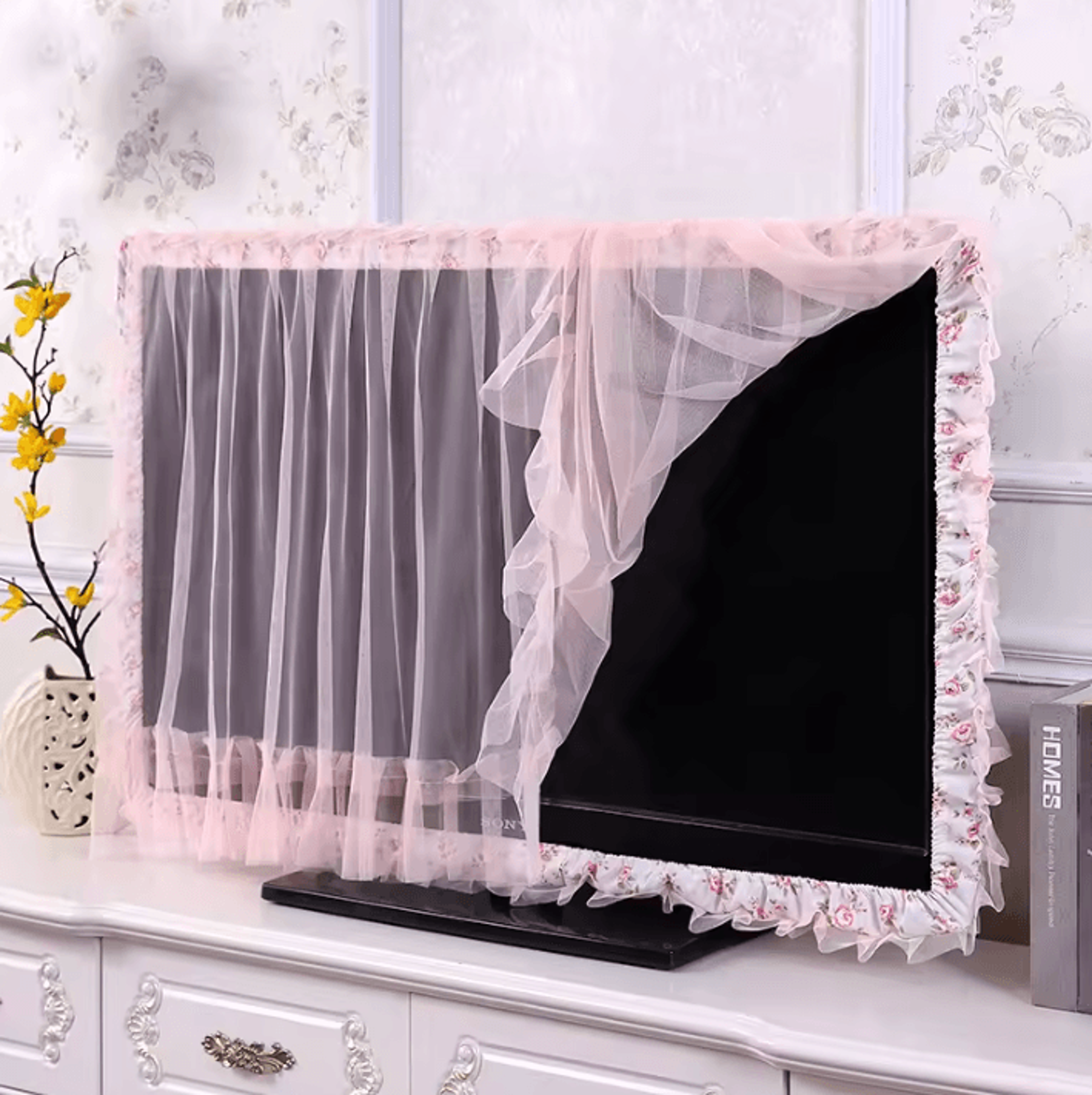elegant lace tv dust cover with elastic edge decorative monitor screen protector